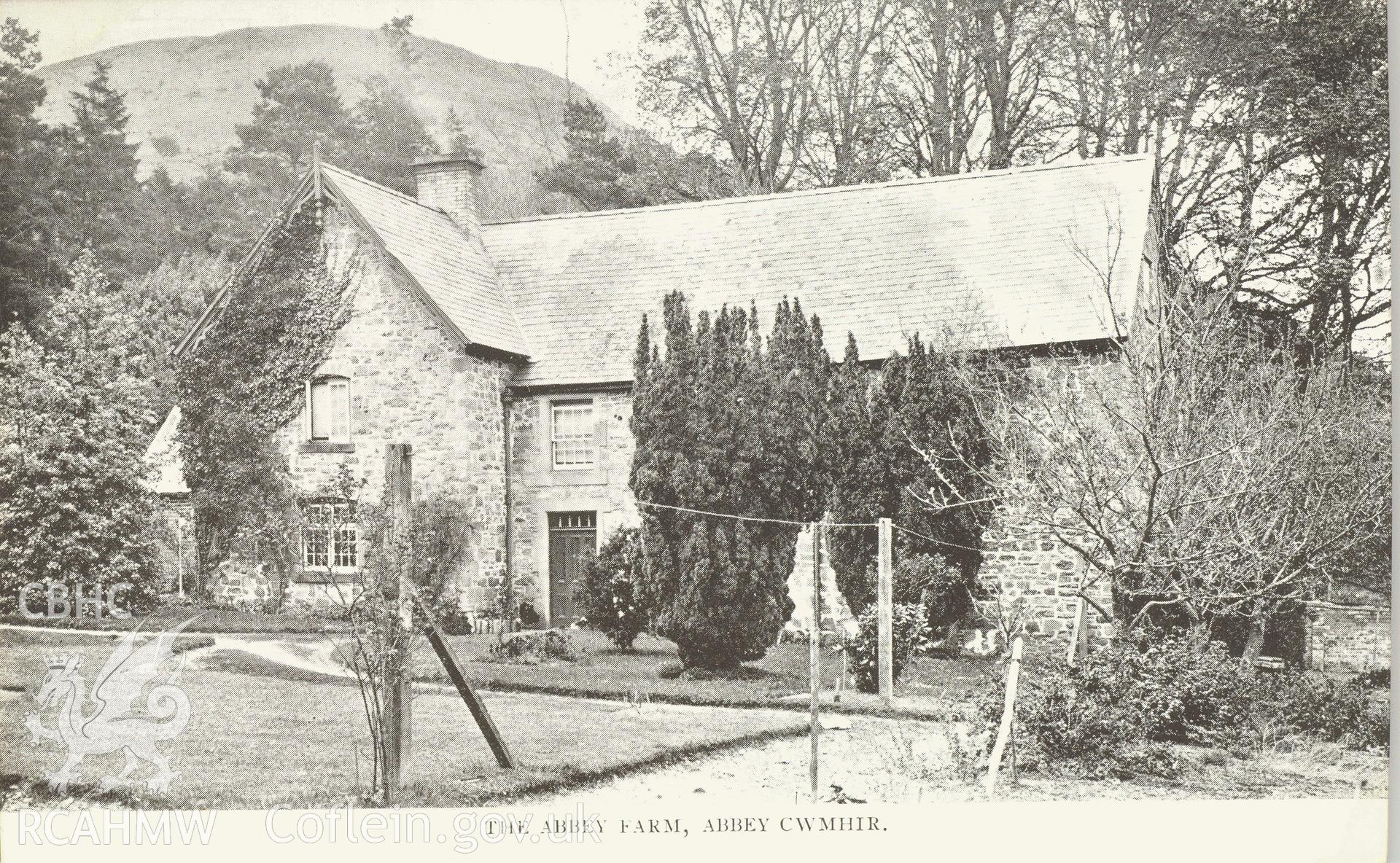 Digitised postcard image of the Abbey Farm, Abbey Cwmhir. Produced by Parks and Gardens Data Services, from an original item in the Peter Davis Collection at Parks and Gardens UK. We hold only web-resolution images of this collection, suitable for viewing on screen and for research purposes only. We do not hold the original images, or publication quality scans.