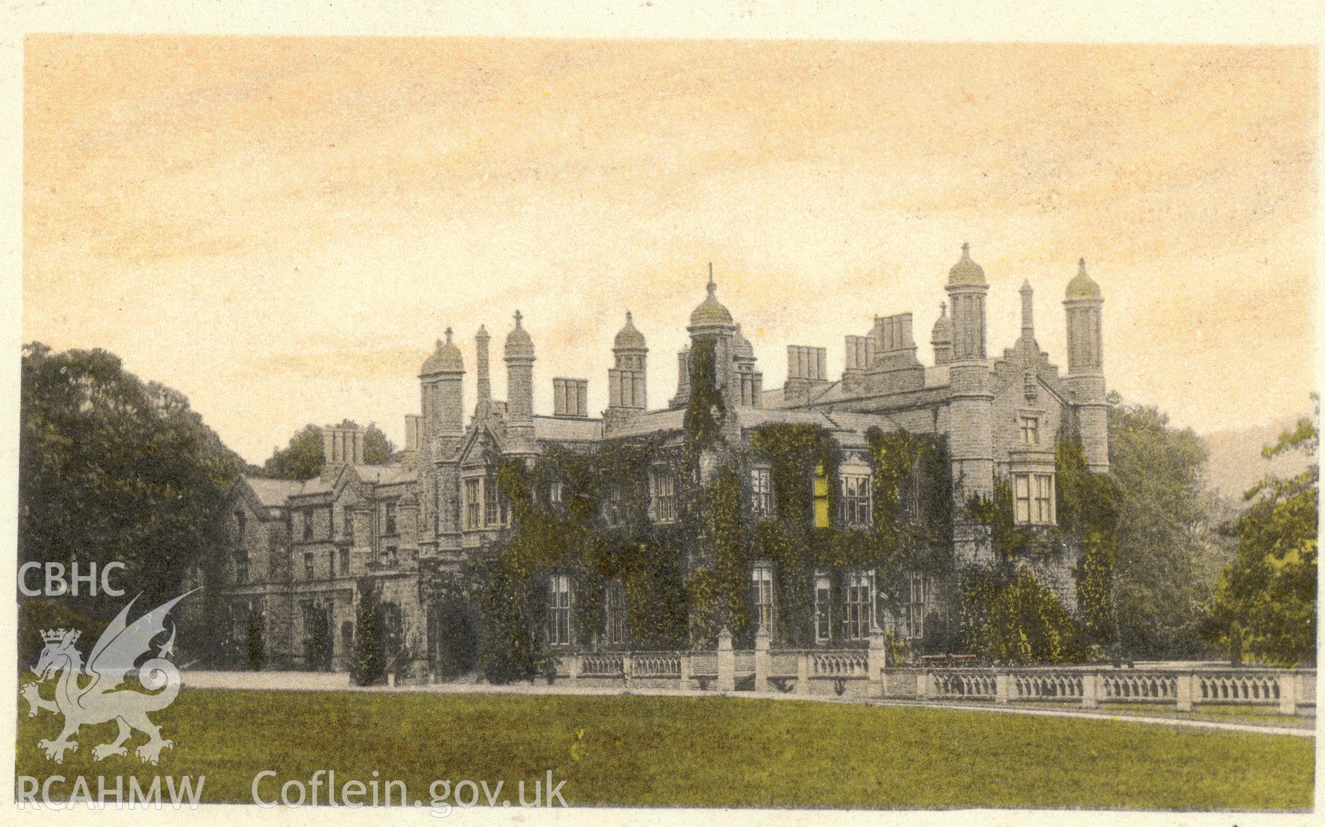 Digitised postcard image of Glanusk Park House, Photo by T.J. Allen. Published by W Howells Stationer, Crickhowell. Produced by Parks and Gardens Data Services, from an original item in the Peter Davis Collection at Parks and Gardens UK. We hold only web-resolution images of this collection, suitable for viewing on screen and for research purposes only. We do not hold the original images, or publication quality scans.