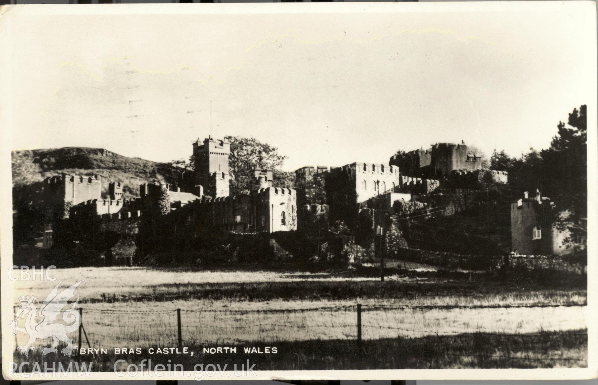 Digitised postcard image of Bryn Bras Castle, Llanrug. Produced by Parks and Gardens Data Services, from an original item in the Peter Davis Collection at Parks and Gardens UK. We hold only web-resolution images of this collection, suitable for viewing on screen and for research purposes only. We do not hold the original images, or publication quality scans.