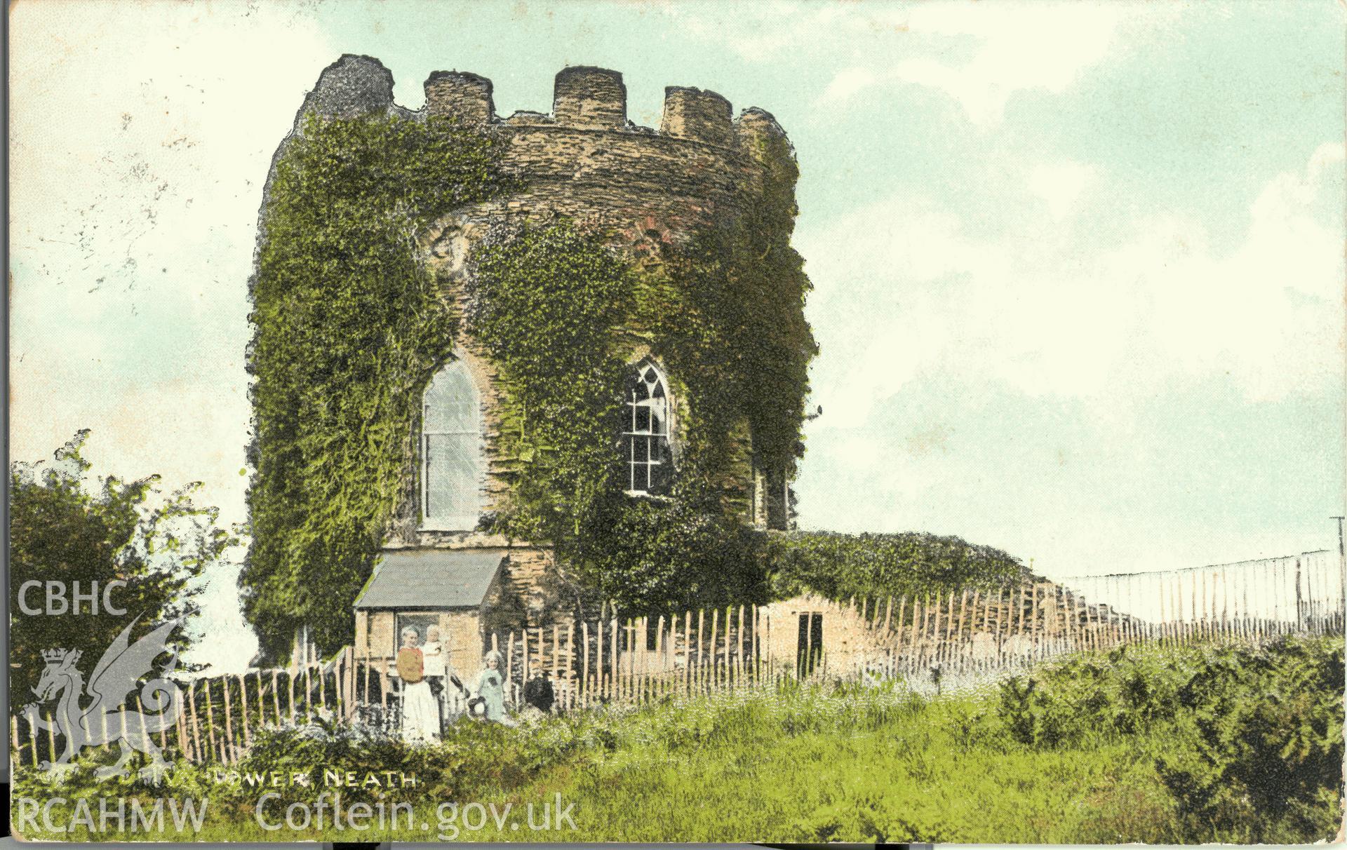 Digitised postcard image of Ivy Tower, Tonna with figures, Harry Jones, 78 Windsor Road, Neath. Produced by Parks and Gardens Data Services, from an original item in the Peter Davis Collection at Parks and Gardens UK. We hold only web-resolution images of this collection, suitable for viewing on screen and for research purposes only. We do not hold the original images, or publication quality scans.