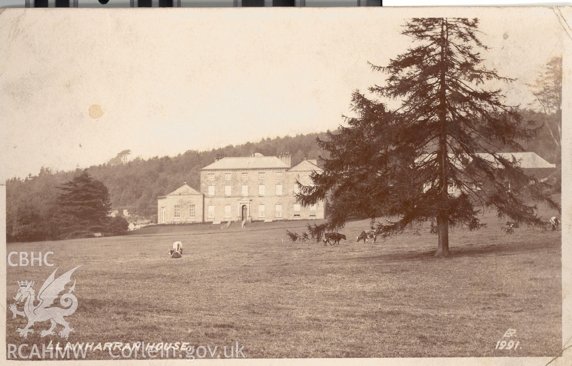 Digitised postcard image of Llanharan House, showing dining room, LAP. Produced by Parks and Gardens Data Services, from an original item in the Peter Davis Collection at Parks and Gardens UK. We hold only web-resolution images of this collection, suitable for viewing on screen and for research purposes only. We do not hold the original images, or publication quality scans.