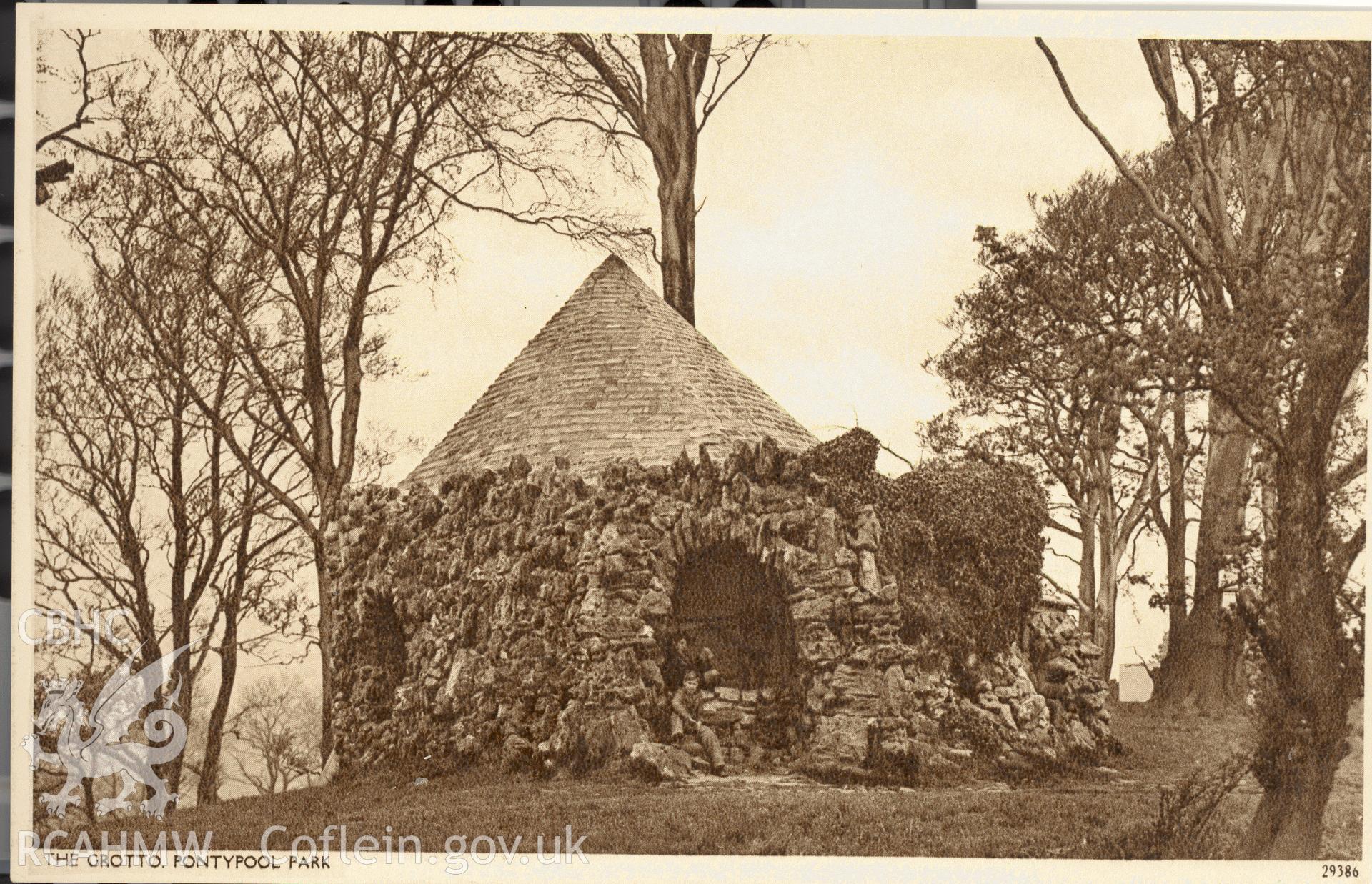 Digitised postcard image of the Shell Grotto, Pontypool Park. Produced by Parks and Gardens Data Services, from an original item in the Peter Davis Collection at Parks and Gardens UK. We hold only web-resolution images of this collection, suitable for viewing on screen and for research purposes only. We do not hold the original images, or publication quality scans.