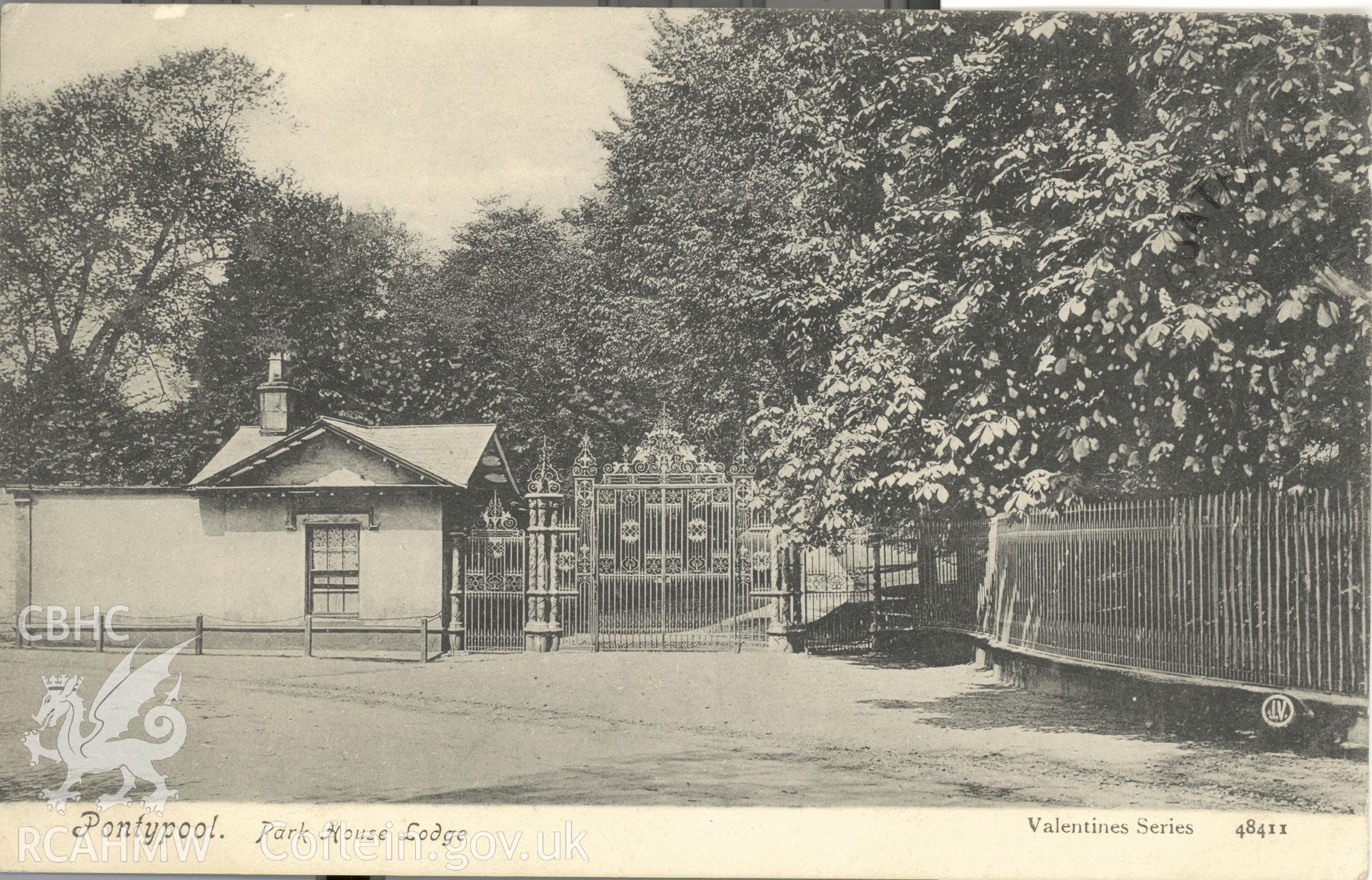 Digitised postcard image of Pontypool Park Gates, Valentine's Series,. Produced by Parks and Gardens Data Services, from an original item in the Peter Davis Collection at Parks and Gardens UK. We hold only web-resolution images of this collection, suitable for viewing on screen and for research purposes only. We do not hold the original images, or publication quality scans.