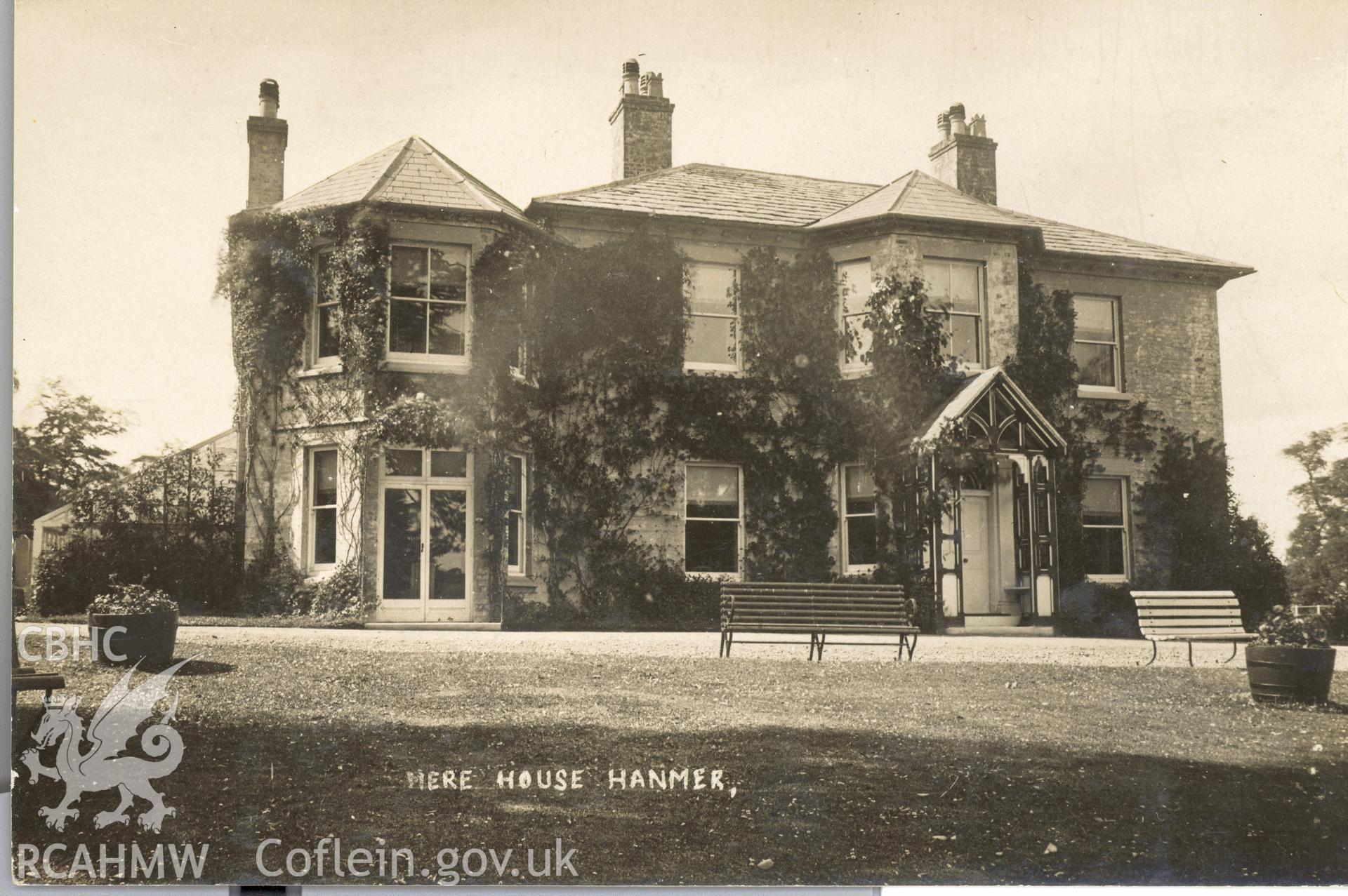 Digitised postcard image of Mere House, Hanmer. Produced by Parks and Gardens Data Services, from an original item in the Peter Davis Collection at Parks and Gardens UK. We hold only web-resolution images of this collection, suitable for viewing on screen and for research purposes only. We do not hold the original images, or publication quality scans.