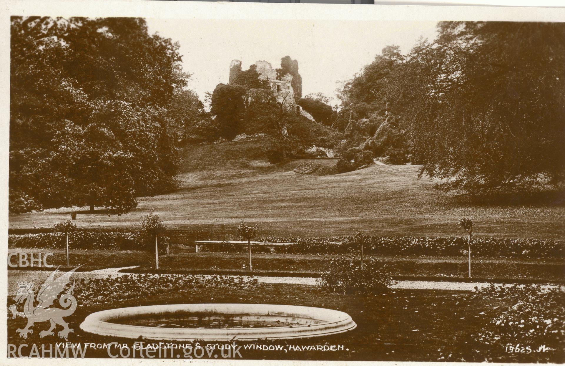 Digitised postcard image of Hawarden Castle grounds, Valentine's Series. Produced by Parks and Gardens Data Services, from an original item in the Peter Davis Collection at Parks and Gardens UK. We hold only web-resolution images of this collection, suitable for viewing on screen and for research purposes only. We do not hold the original images, or publication quality scans.