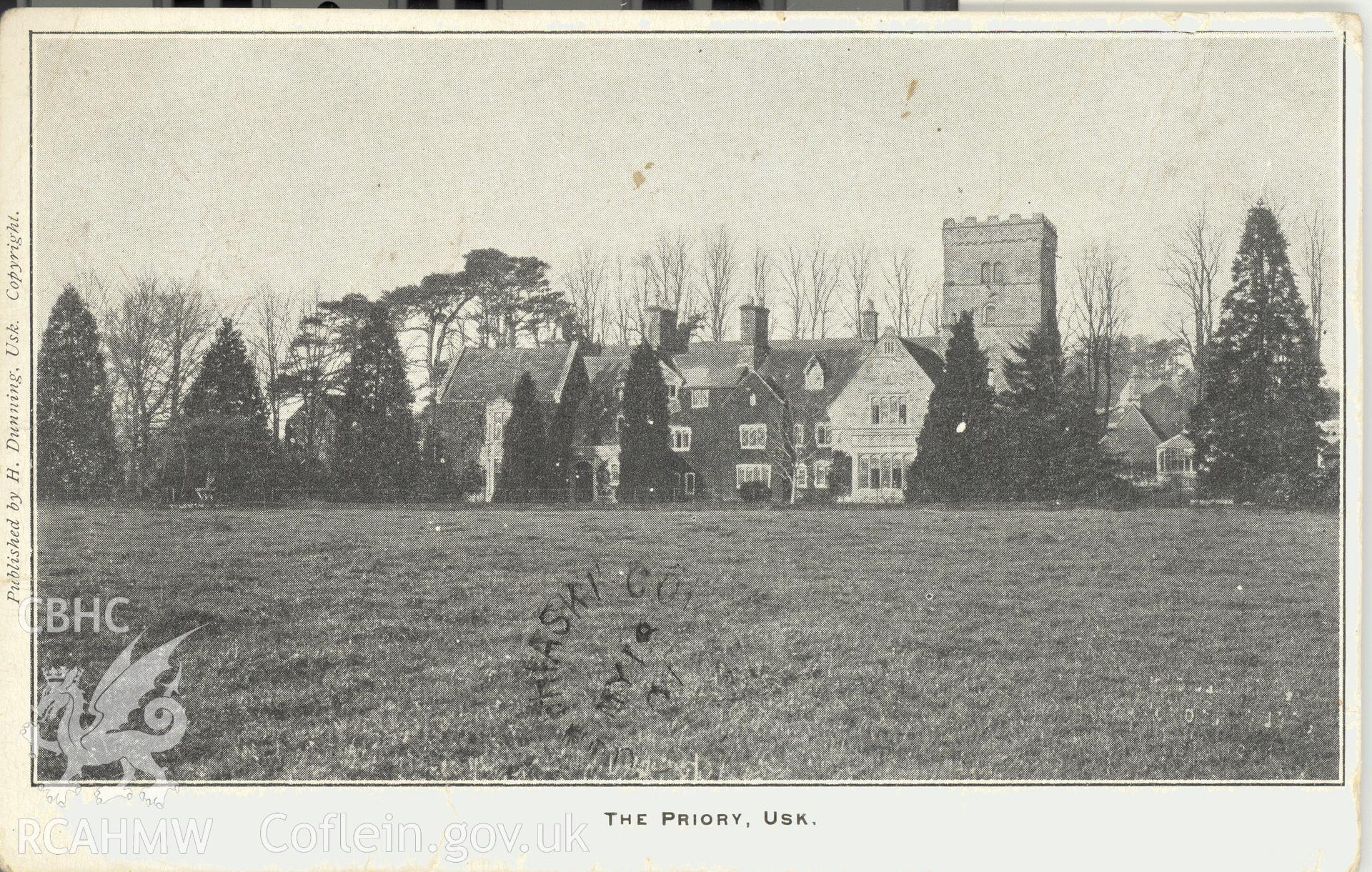 Digitised postcard image of the Priory, Usk. Produced by Parks and Gardens Data Services, from an original item in the Peter Davis Collection at Parks and Gardens UK. We hold only web-resolution images of this collection, suitable for viewing on screen and for research purposes only. We do not hold the original images, or publication quality scans.