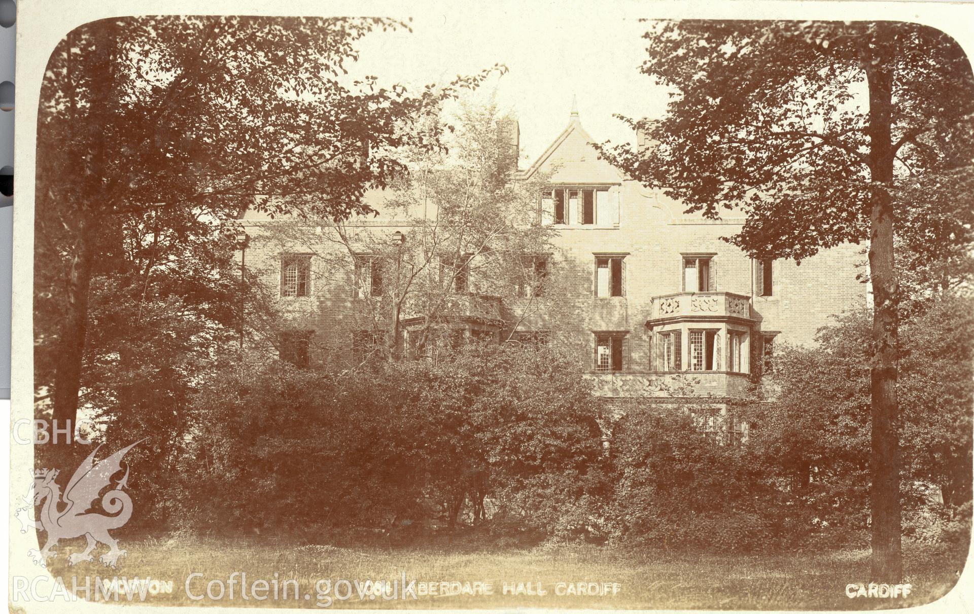 Digitised postcard image of Aberdare hall, Cathays Park, Cardiff, The Excelcior Photo Co. Ltd., Carmarthen. Produced by Parks and Gardens Data Services, from an original item in the Peter Davis Collection at Parks and Gardens UK. We hold only web-resolution images of this collection, suitable for viewing on screen and for research purposes only. We do not hold the original images, or publication quality scans.