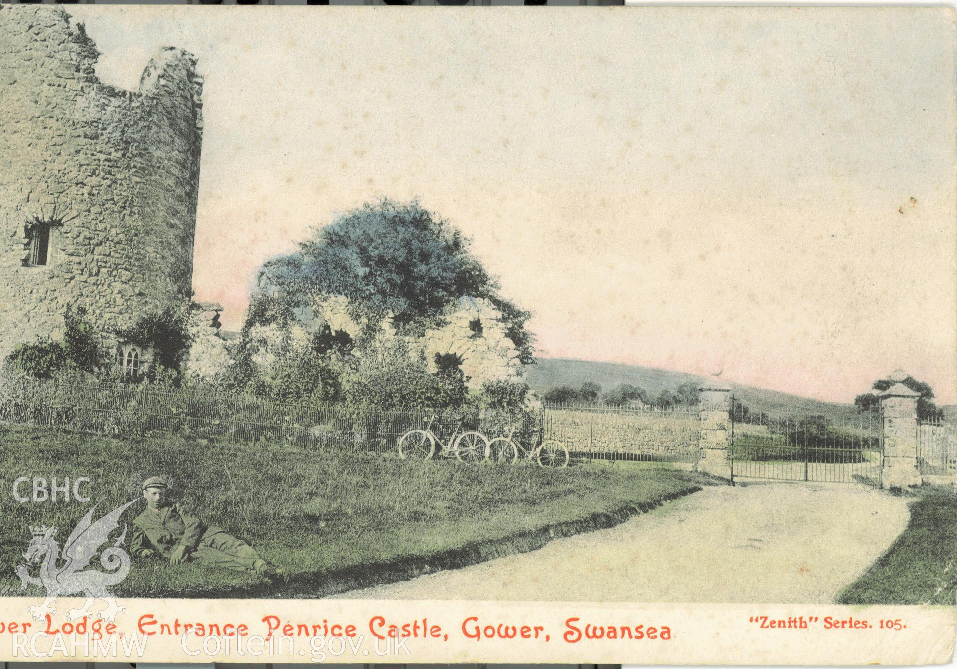 Digitised postcard image of Penrice Castle, Tower Lodge, "Zenith Series" G.W.S. Produced by Parks and Gardens Data Services, from an original item in the Peter Davis Collection at Parks and Gardens UK. We hold only web-resolution images of this collection, suitable for viewing on screen and for research purposes only. We do not hold the original images, or publication quality scans.