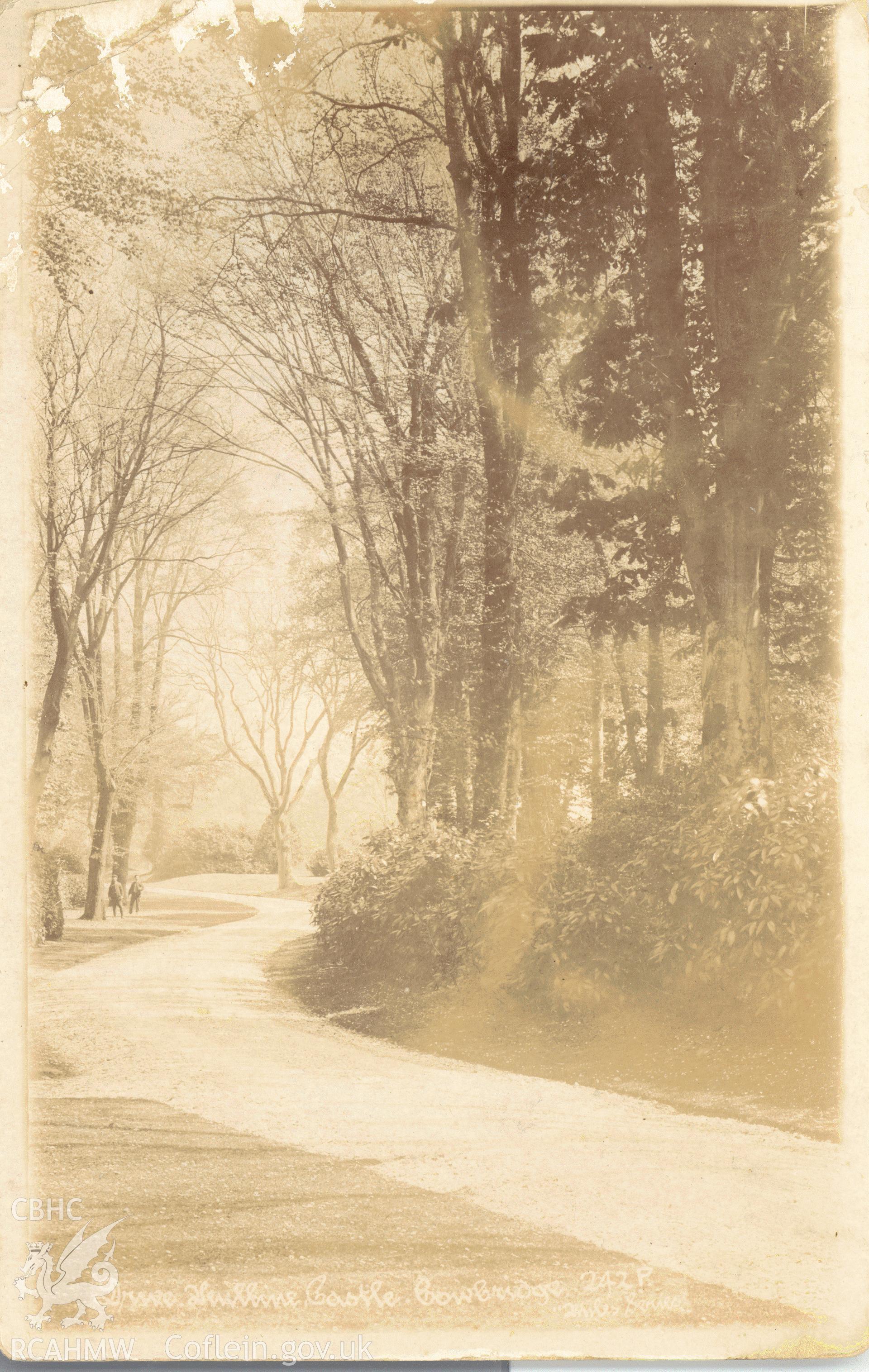 Digitised postcard image of Penllyn Castle grounds, Penllyn, E. Miles, Photographer, Bridgend. Produced by Parks and Gardens Data Services, from an original item in the Peter Davis Collection at Parks and Gardens UK. We hold only web-resolution images of this collection, suitable for viewing on screen and for research purposes only. We do not hold the original images, or publication quality scans.