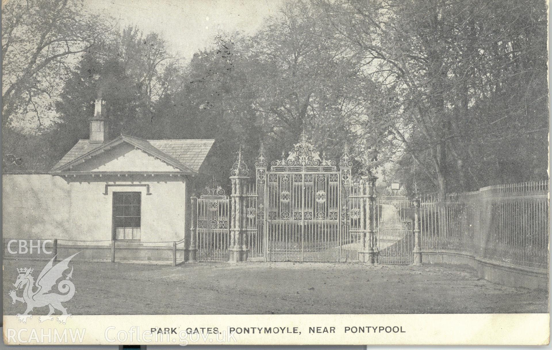 Digitised postcard image of Pontypool Park Gates. Produced by Parks and Gardens Data Services, from an original item in the Peter Davis Collection at Parks and Gardens UK. We hold only web-resolution images of this collection, suitable for viewing on screen and for research purposes only. We do not hold the original images, or publication quality scans.