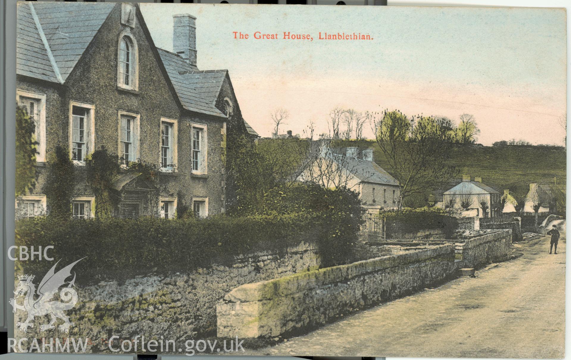 Digitised postcard image of Great House, Llanblethian. Produced by Parks and Gardens Data Services, from an original item in the Peter Davis Collection at Parks and Gardens UK. We hold only web-resolution images of this collection, suitable for viewing on screen and for research purposes only. We do not hold the original images, or publication quality scans.