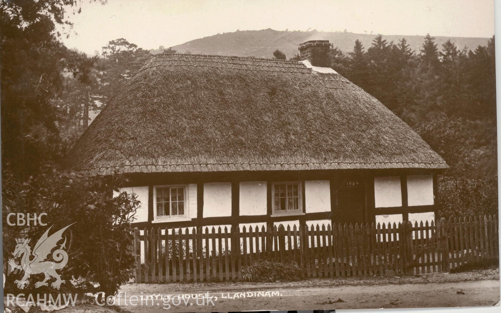 Digitised postcard image of Little House, Llandinam, J. Ellis, Llanidloes. Produced by Parks and Gardens Data Services, from an original item in the Peter Davis Collection at Parks and Gardens UK. We hold only web-resolution images of this collection, suitable for viewing on screen and for research purposes only. We do not hold the original images, or publication quality scans.