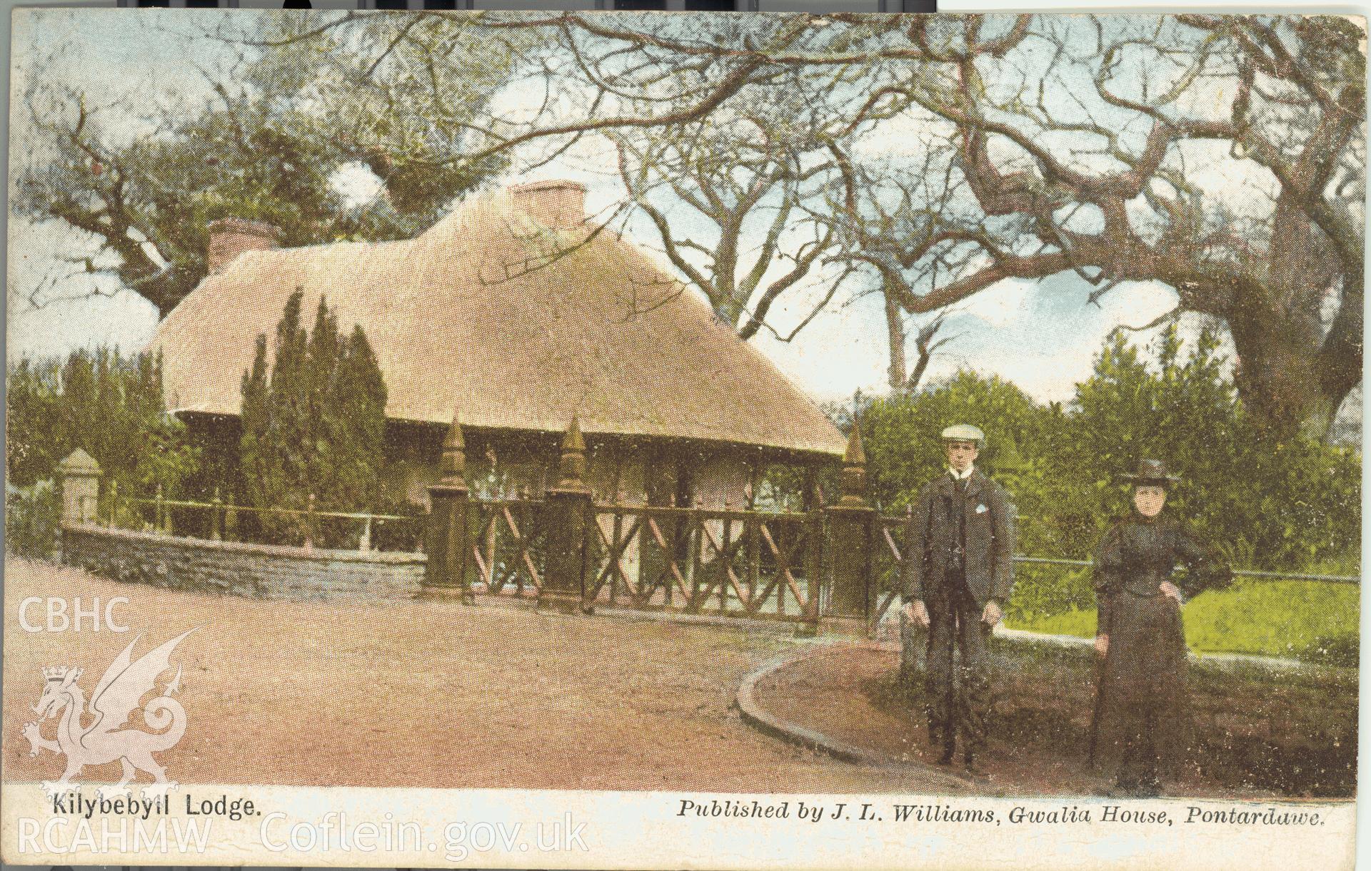 Digitised postcard image of Cilybebyll Lodge, J.L. Williams, Gwalia House, Pontardawe. Produced by Parks and Gardens Data Services, from an original item in the Peter Davis Collection at Parks and Gardens UK. We hold only web-resolution images of this collection, suitable for viewing on screen and for research purposes only. We do not hold the original images, or publication quality scans.