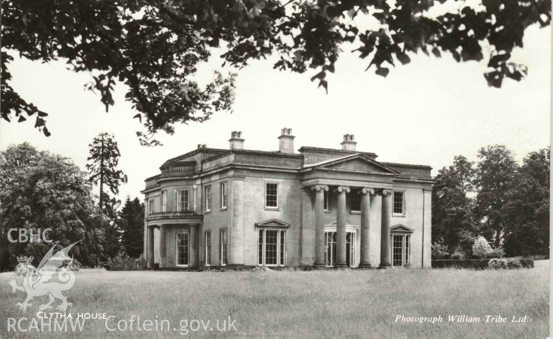 Digitised postcard image of Clytha House, Llanarth, William Tribe Ltd. Produced by Parks and Gardens Data Services, from an original item in the Peter Davis Collection at Parks and Gardens UK. We hold only web-resolution images of this collection, suitable for viewing on screen and for research purposes only. We do not hold the original images, or publication quality scans.