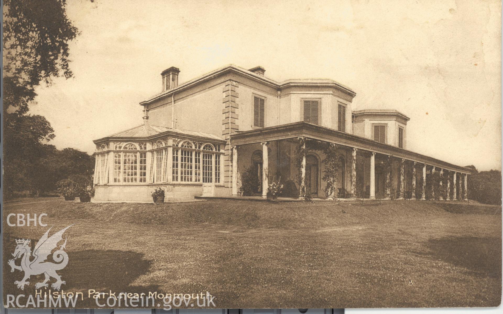 Digitised postcard image of Hilston House, Llangattock-vibon-avel, H Clayton, Monmouth. Produced by Parks and Gardens Data Services, from an original item in the Peter Davis Collection at Parks and Gardens UK. We hold only web-resolution images of this collection, suitable for viewing on screen and for research purposes only. We do not hold the original images, or publication quality scans.