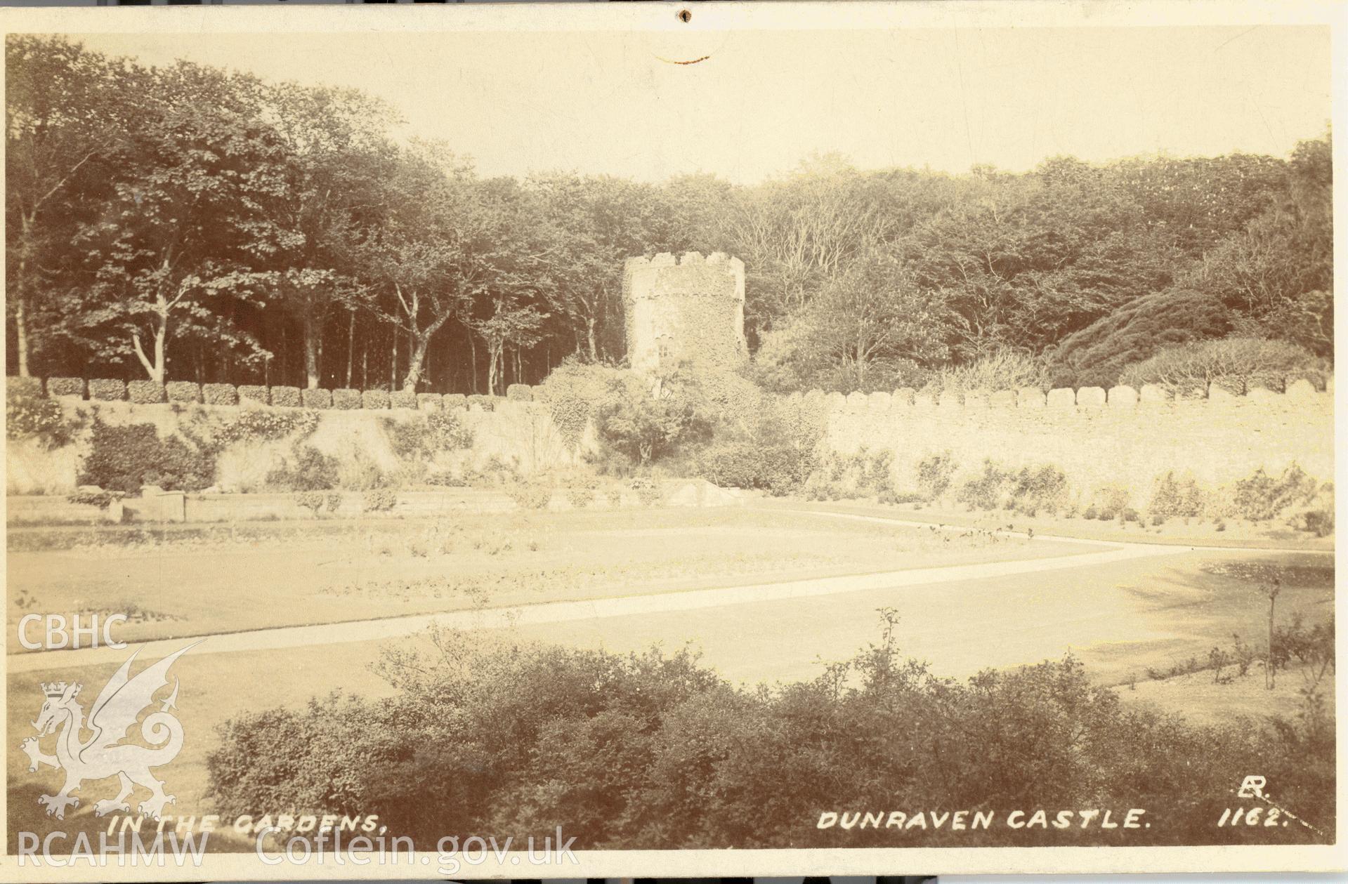 Digitised postcard image of walled garden at Dunraven Castle. Produced by Parks and Gardens Data Services, from an original item in the Peter Davis Collection at Parks and Gardens UK. We hold only web-resolution images of this collection, suitable for viewing on screen and for research purposes only. We do not hold the original images, or publication quality scans.