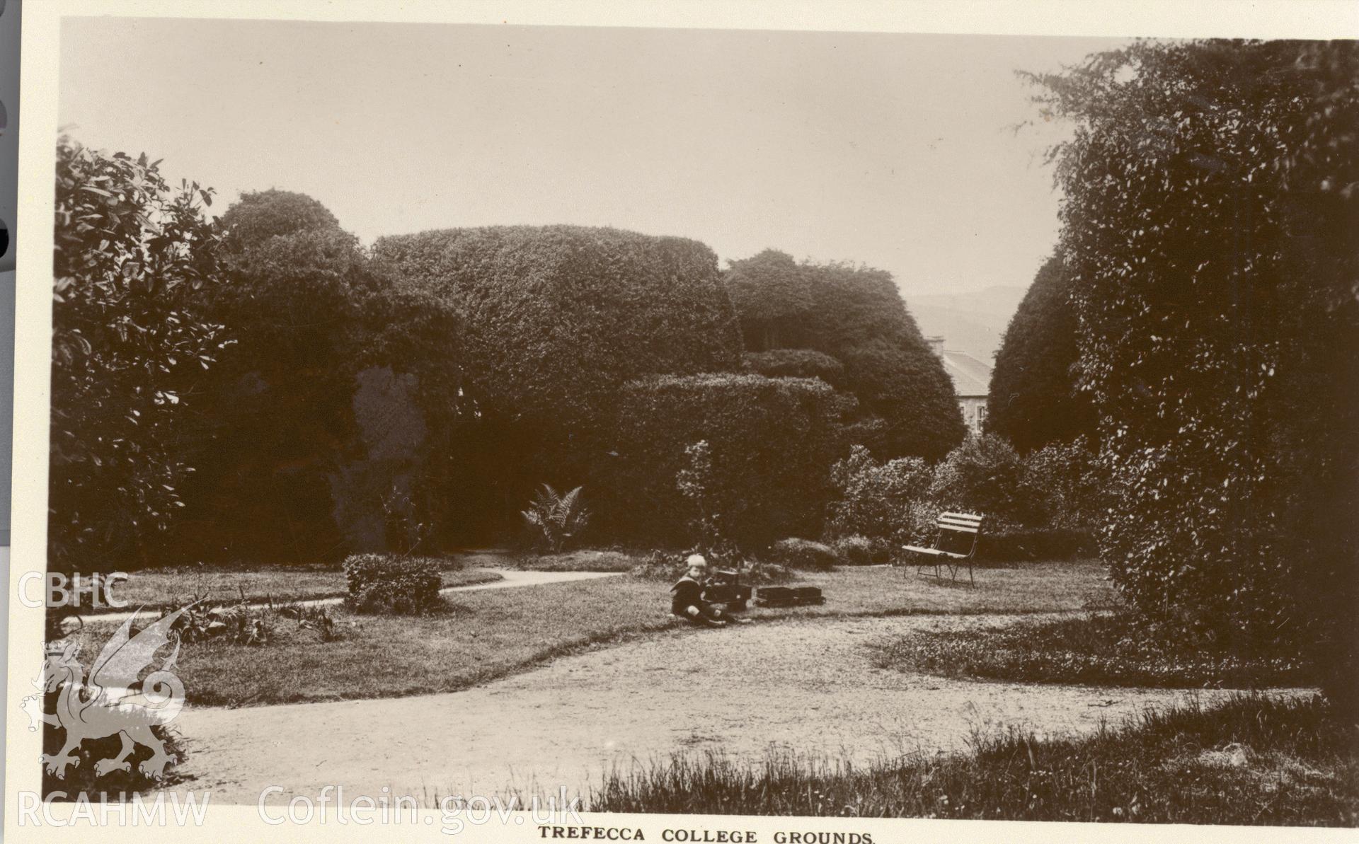 Digitised postcard image of grounds of Trefecca College, Talgarth. Produced by Parks and Gardens Data Services, from an original item in the Peter Davis Collection at Parks and Gardens UK. We hold only web-resolution images of this collection, suitable for viewing on screen and for research purposes only. We do not hold the original images, or publication quality scans.