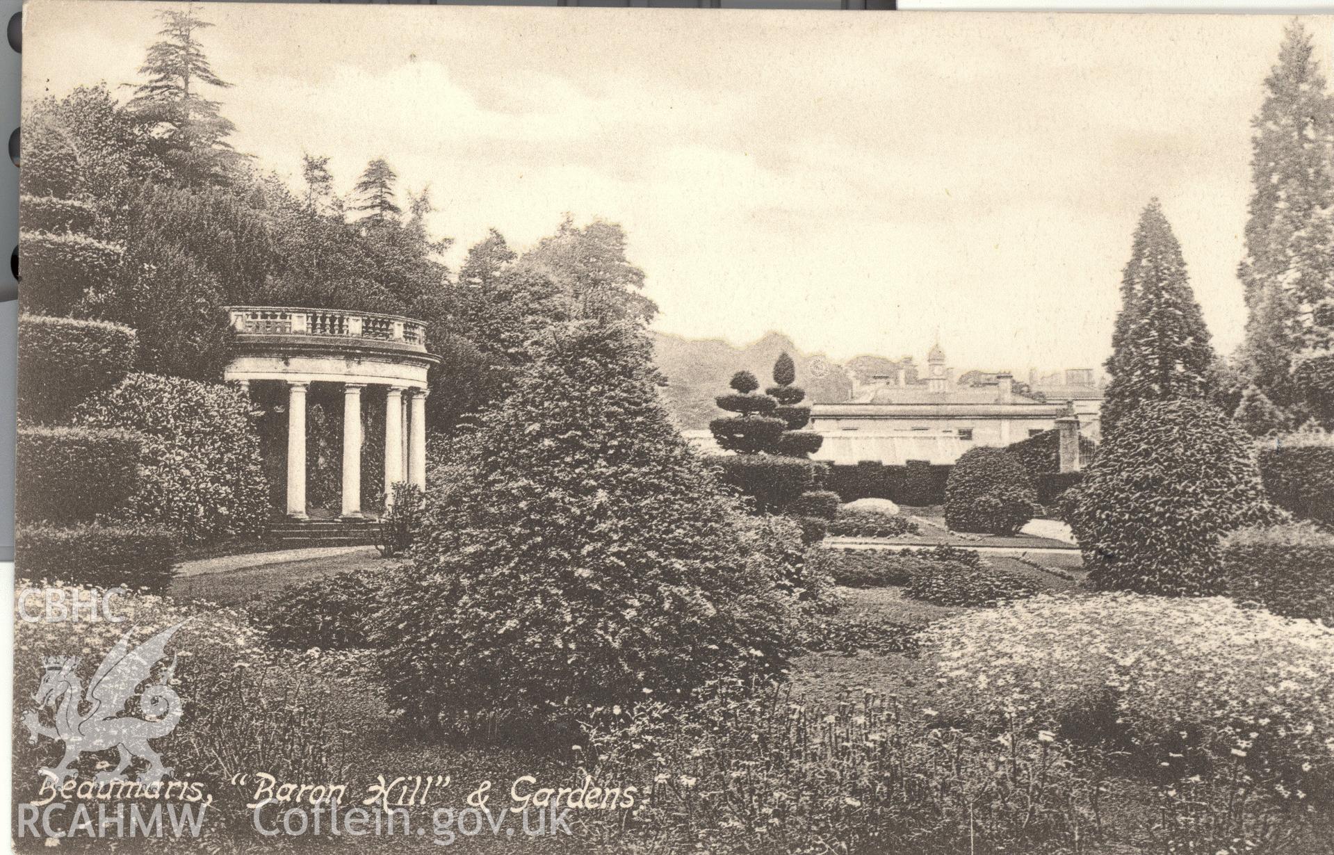 Digitised postcard image of Baron Hill Gardens, Beaumaris, F. Frith and Co Ltd. Produced by Parks and Gardens Data Services, from an original item in the Peter Davis Collection at Parks and Gardens UK. We hold only web-resolution images of this collection, suitable for viewing on screen and for research purposes only. We do not hold the original images, or publication quality scans.