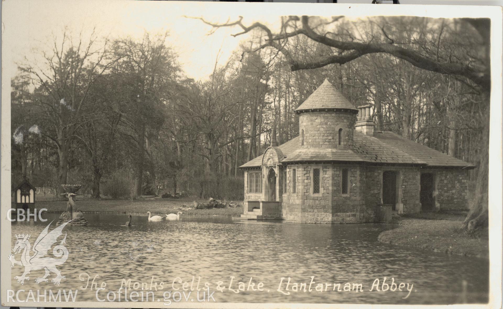 Digitised postcard image of the Monk's Cell and Lake, Llantarnam Abbey. Produced by Parks and Gardens Data Services, from an original item in the Peter Davis Collection at Parks and Gardens UK. We hold only web-resolution images of this collection, suitable for viewing on screen and for research purposes only. We do not hold the original images, or publication quality scans.