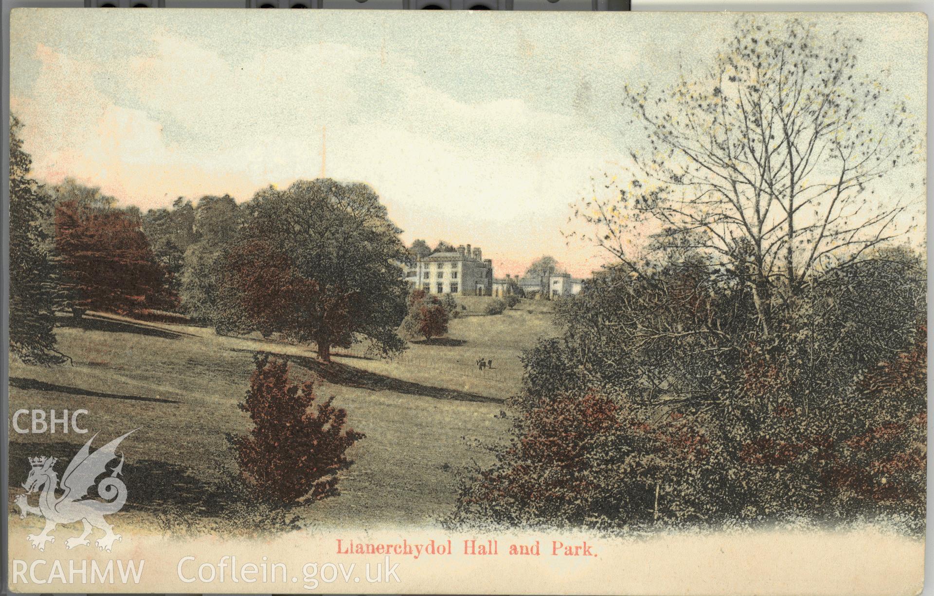 Digitised postcard image of Llanerchydol Hall, Welshpool, and parkland,  A. Thomas, Stationer, Broad Street, Welshpool. Produced by Parks and Gardens Data Services, from an original item in the Peter Davis Collection at Parks and Gardens UK. We hold only web-resolution images of this collection, suitable for viewing on screen and for research purposes only. We do not hold the original images, or publication quality scans.