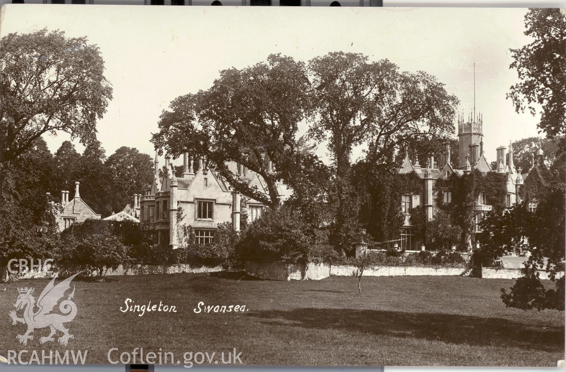 Digitised postcard image of Singleton Abbey, Swansea, Zenith series. Produced by Parks and Gardens Data Services, from an original item in the Peter Davis Collection at Parks and Gardens UK. We hold only web-resolution images of this collection, suitable for viewing on screen and for research purposes only. We do not hold the original images, or publication quality scans.