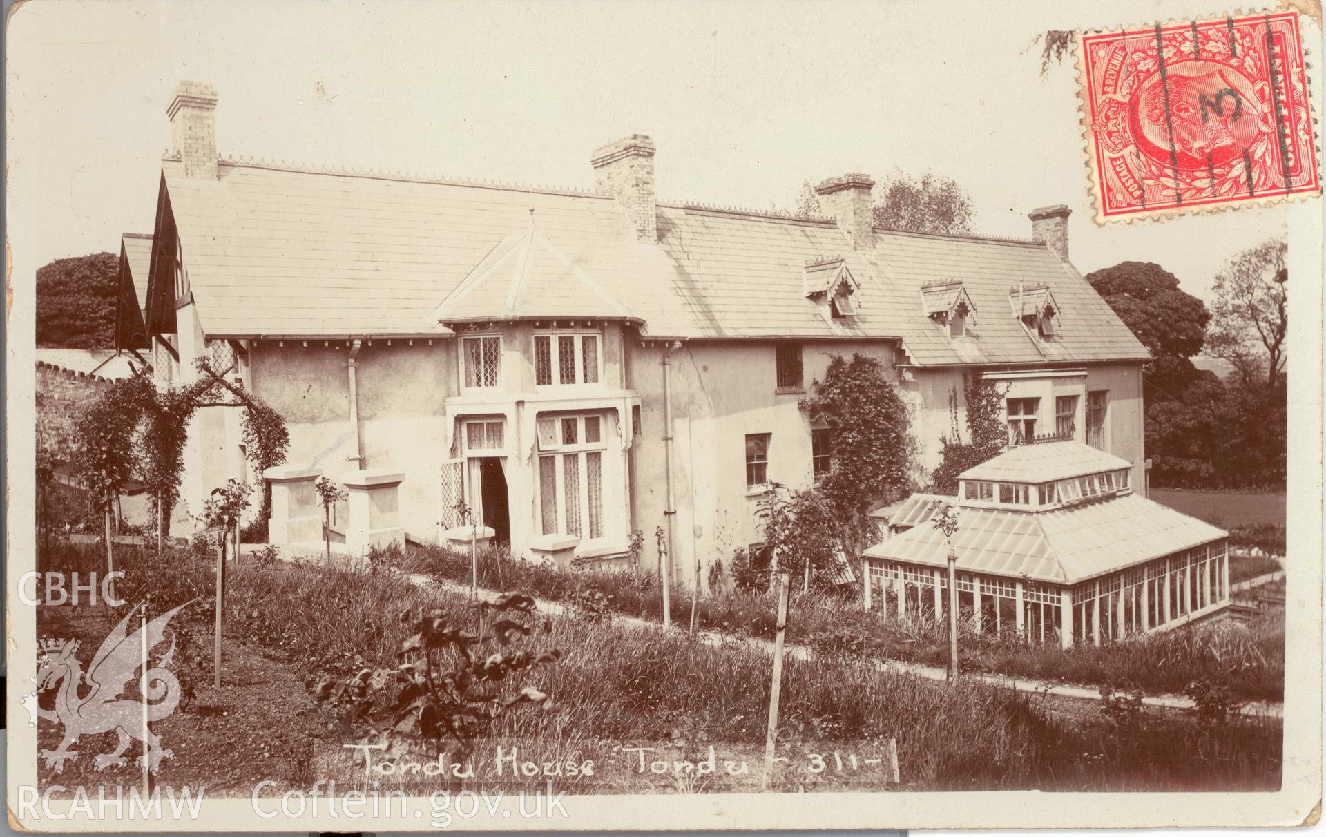 Digitised postcard image of Tondu House, Tondu, E. Miles, Photographer, Bridgend. Produced by Parks and Gardens Data Services, from an original item in the Peter Davis Collection at Parks and Gardens UK. We hold only web-resolution images of this collection, suitable for viewing on screen and for research purposes only. We do not hold the original images, or publication quality scans.