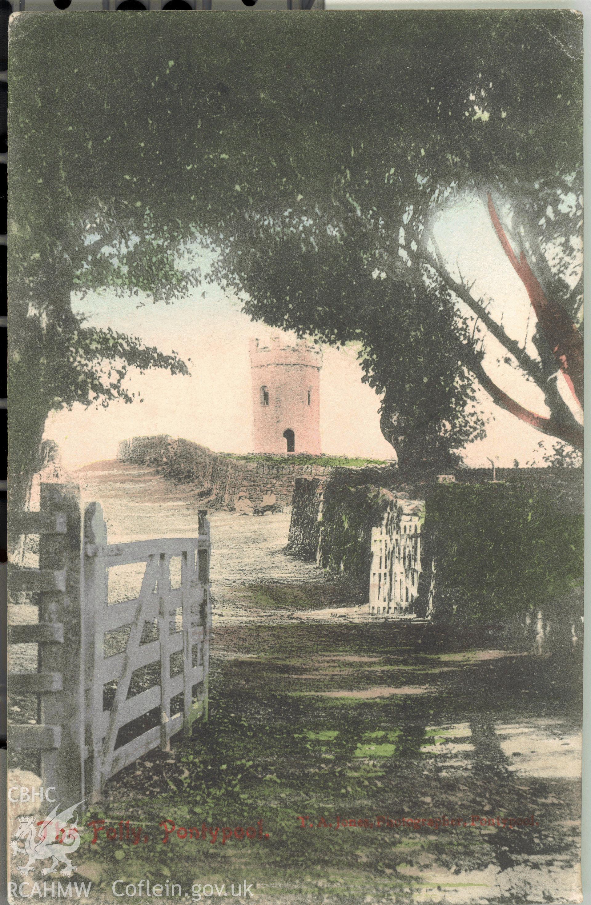 Digitised postcard image of the Folly, Pontypool Park, T.A. Jones, photographer, Pontypool. Produced by Parks and Gardens Data Services, from an original item in the Peter Davis Collection at Parks and Gardens UK. We hold only web-resolution images of this collection, suitable for viewing on screen and for research purposes only. We do not hold the original images, or publication quality scans.