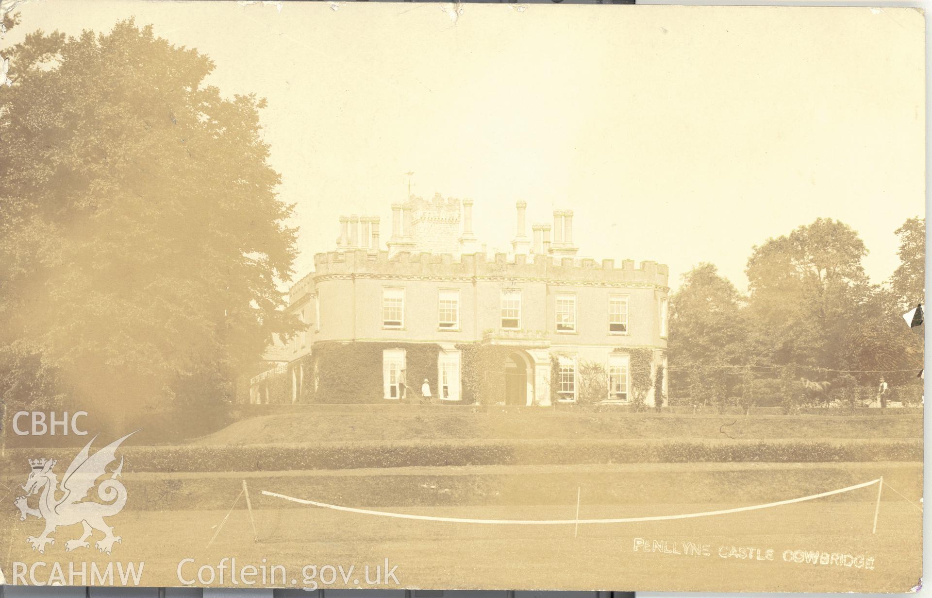 Digitised postcard image of Penllyn Castle, Penllyn. Produced by Parks and Gardens Data Services, from an original item in the Peter Davis Collection at Parks and Gardens UK. We hold only web-resolution images of this collection, suitable for viewing on screen and for research purposes only. We do not hold the original images, or publication quality scans.