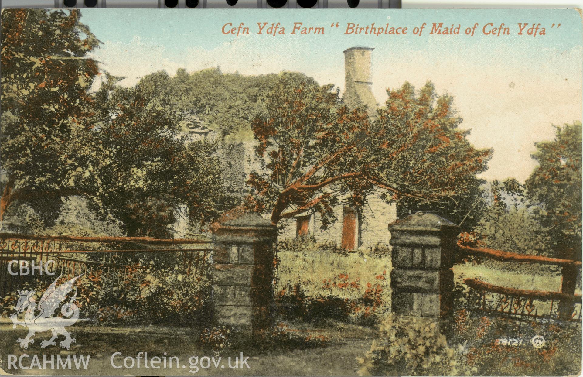 Digitised postcard image of Cefn Ydfa, Llangynwyd Lower, Woodward & Co. Ltd., Bridgend. V & S Ltd. Produced by Parks and Gardens Data Services, from an original item in the Peter Davis Collection at Parks and Gardens UK. We hold only web-resolution images of this collection, suitable for viewing on screen and for research purposes only. We do not hold the original images, or publication quality scans.