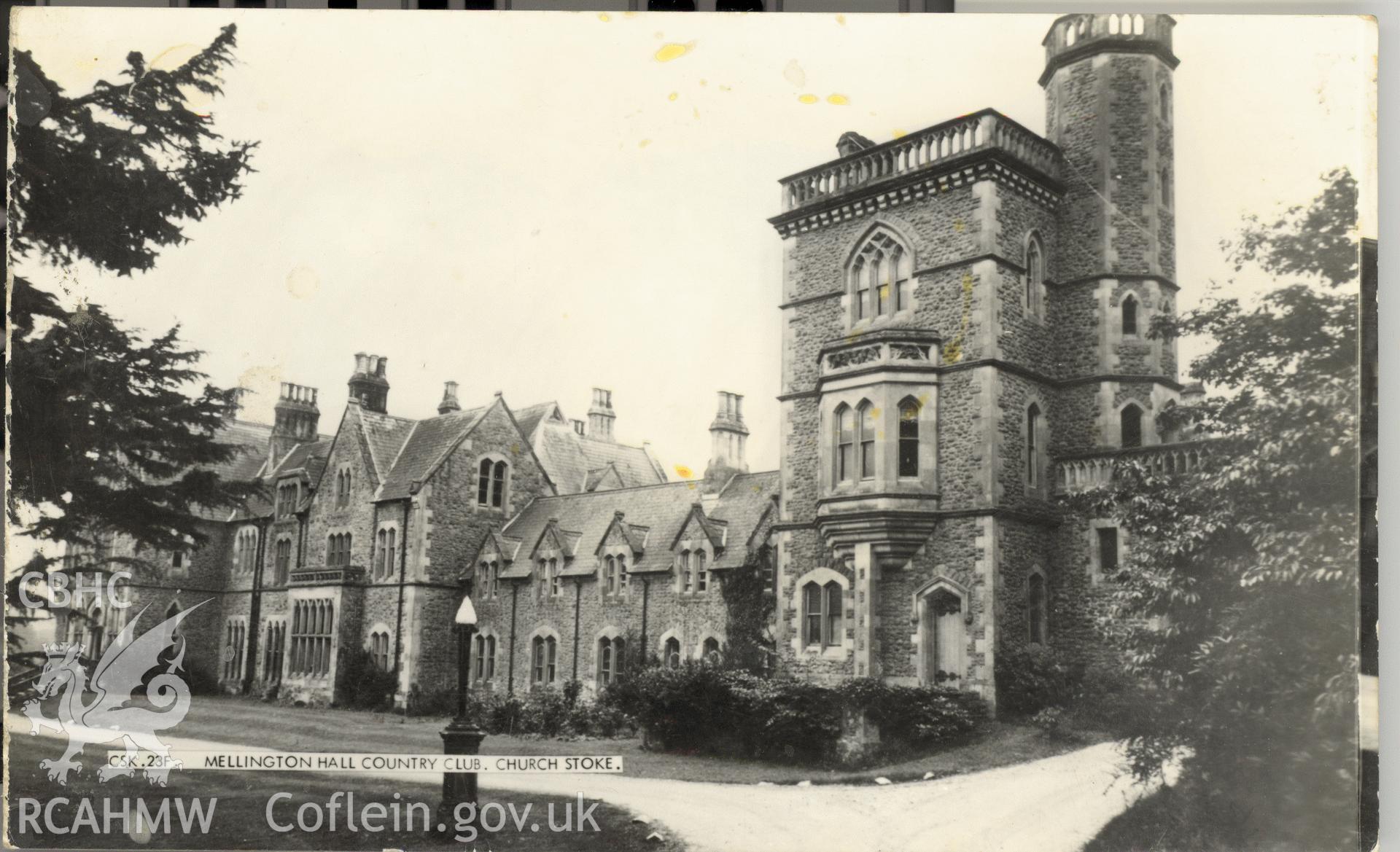 Digitised postcard image of Mellington Hall, Churchstoke, Frith's series. Produced by Parks and Gardens Data Services, from an original item in the Peter Davis Collection at Parks and Gardens UK. We hold only web-resolution images of this collection, suitable for viewing on screen and for research purposes only. We do not hold the original images, or publication quality scans.