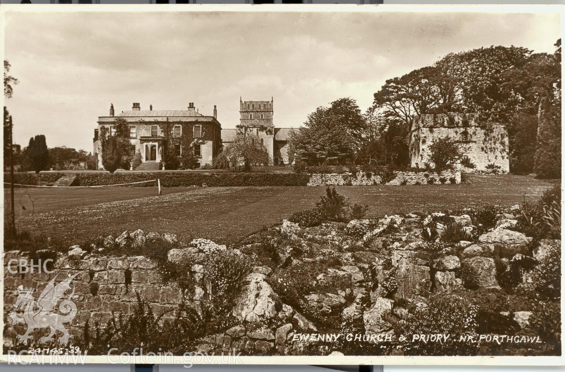 Digitised postcard image of Ewenny Priory House. Produced by Parks and Gardens Data Services, from an original item in the Peter Davis Collection at Parks and Gardens UK. We hold only web-resolution images of this collection, suitable for viewing on screen and for research purposes only. We do not hold the original images, or publication quality scans.