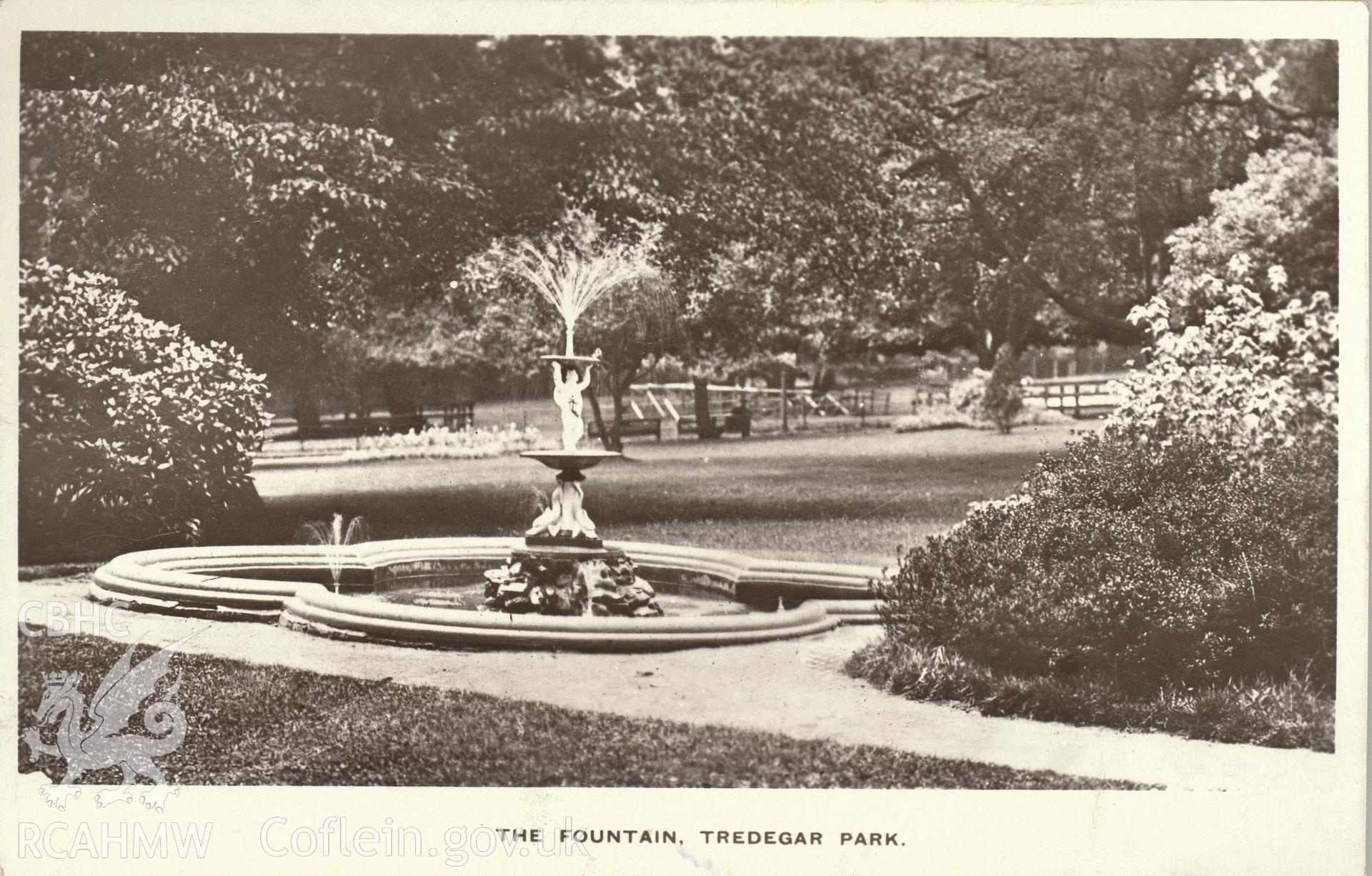 Digitised postcard image of the Fountain, Bedwellty Park, E.G. Bowen, 22 Commercial Street, Tredegar. Produced by Parks and Gardens Data Services, from an original item in the Peter Davis Collection at Parks and Gardens UK. We hold only web-resolution images of this collection, suitable for viewing on screen and for research purposes only. We do not hold the original images, or publication quality scans.