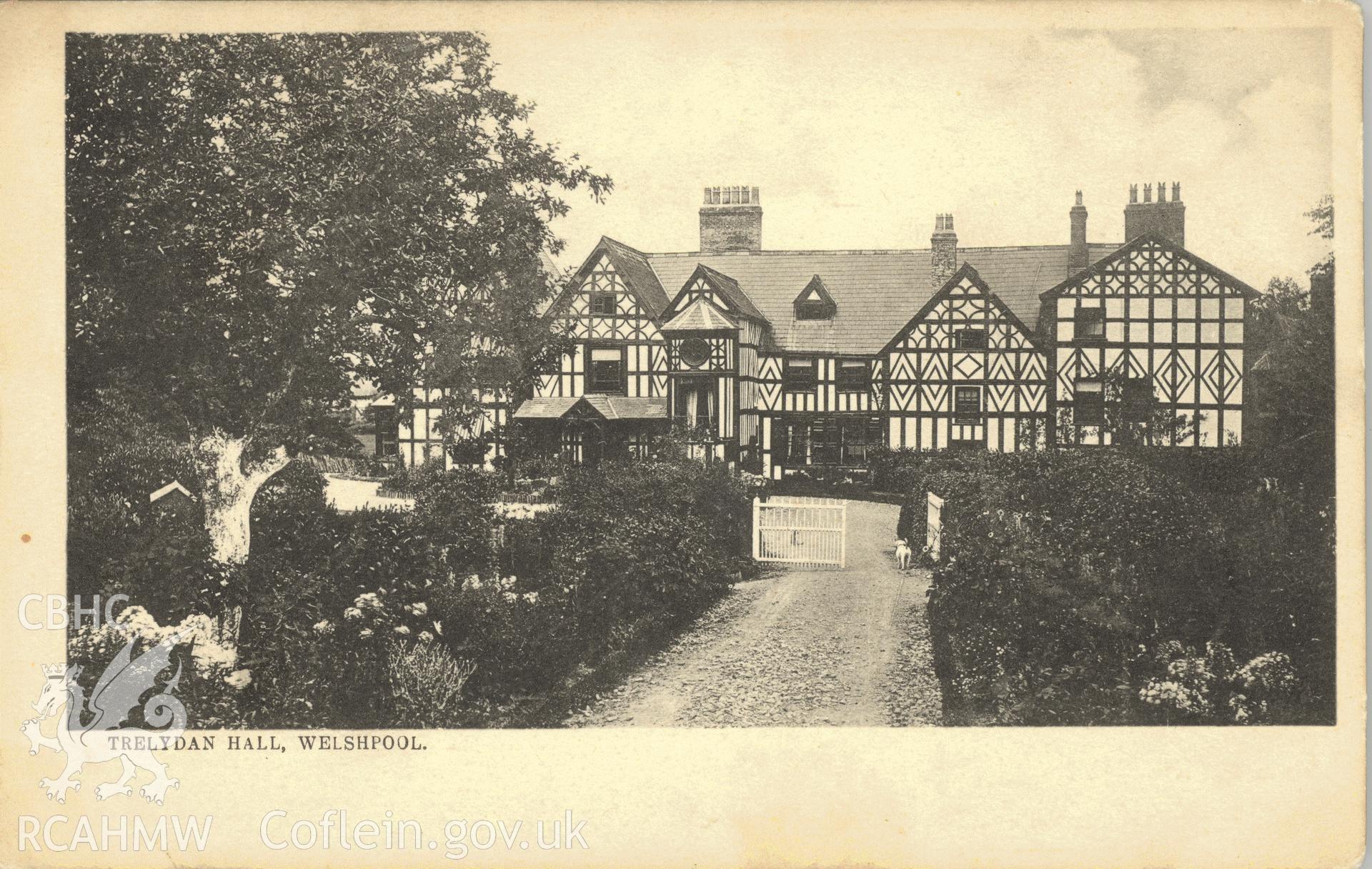 Digitised postcard image of Trelydan hall, Welshpool. Produced by Parks and Gardens Data Services, from an original item in the Peter Davis Collection at Parks and Gardens UK. We hold only web-resolution images of this collection, suitable for viewing on screen and for research purposes only. We do not hold the original images, or publication quality scans.