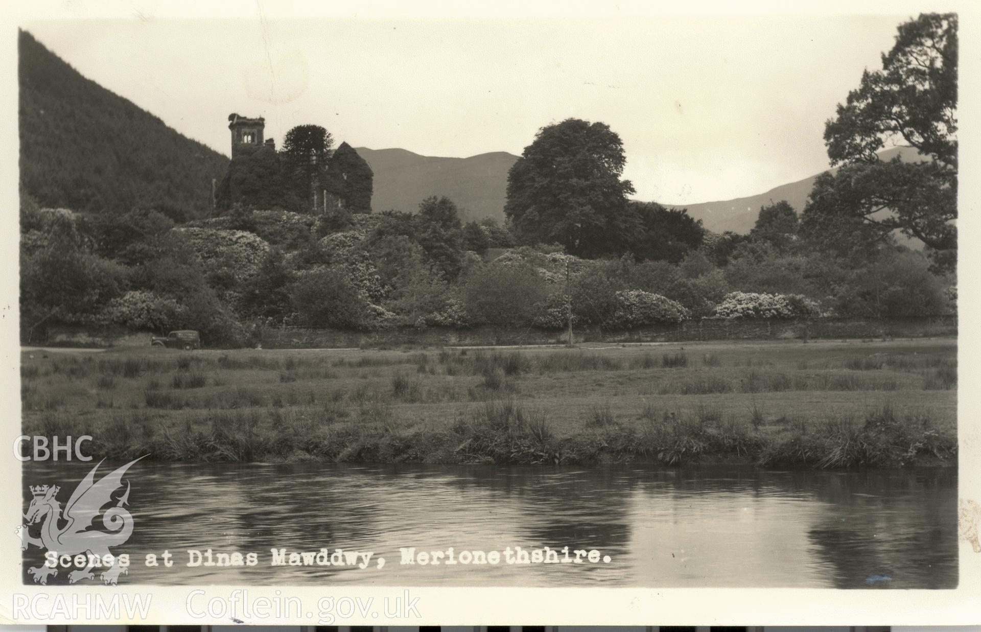 Digitised postcard image of Plas Dinas Mawddwy in ruins, Landscape View Publishers, 130 Logan street, Mkt Harborough. Produced by Parks and Gardens Data Services, from an original item in the Peter Davis Collection at Parks and Gardens UK. We hold only web-resolution images of this collection, suitable for viewing on screen and for research purposes only. We do not hold the original images, or publication quality scans.