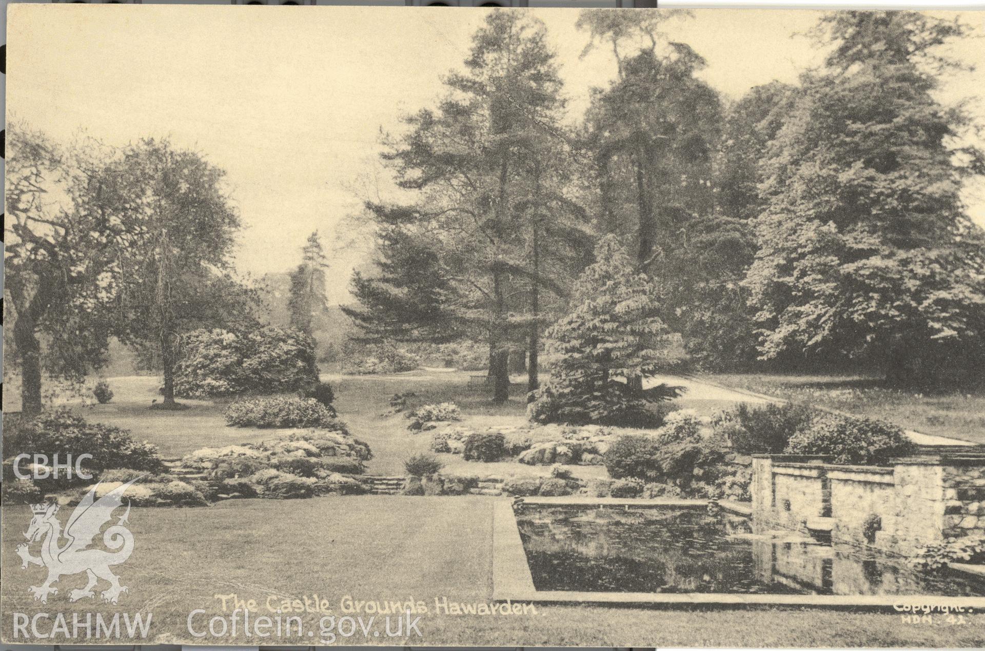 Digitised postcard image of Hawarden Castle grounds, Raphael Tuck and Sons Ltd. Produced by Parks and Gardens Data Services, from an original item in the Peter Davis Collection at Parks and Gardens UK. We hold only web-resolution images of this collection, suitable for viewing on screen and for research purposes only. We do not hold the original images, or publication quality scans.