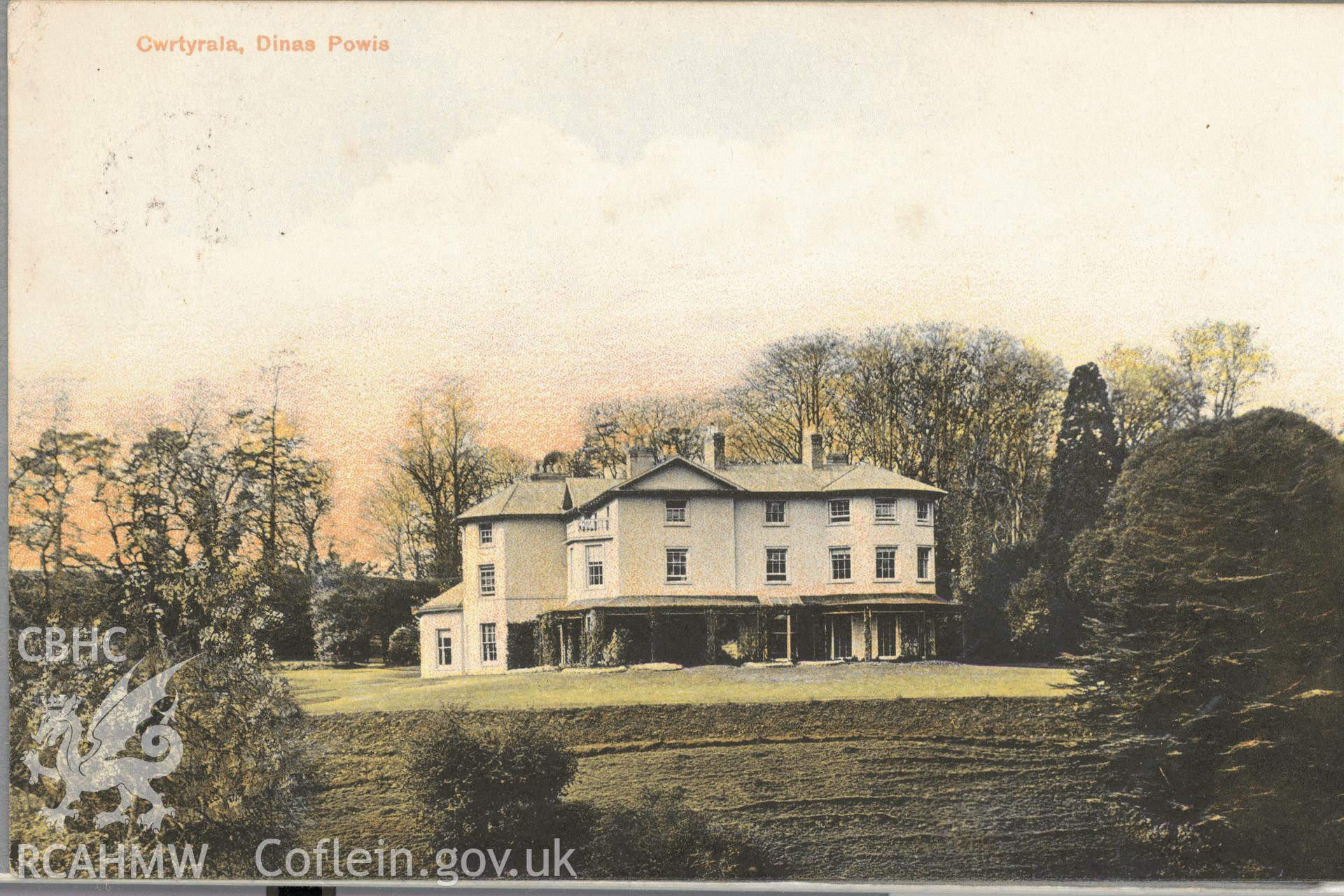 Digitised postcard image of Cwrt-yr-ala, Michaelston, F. John, Post Office, Dinas Powis. Produced by Parks and Gardens Data Services, from an original item in the Peter Davis Collection at Parks and Gardens UK. We hold only web-resolution images of this collection, suitable for viewing on screen and for research purposes only. We do not hold the original images, or publication quality scans.