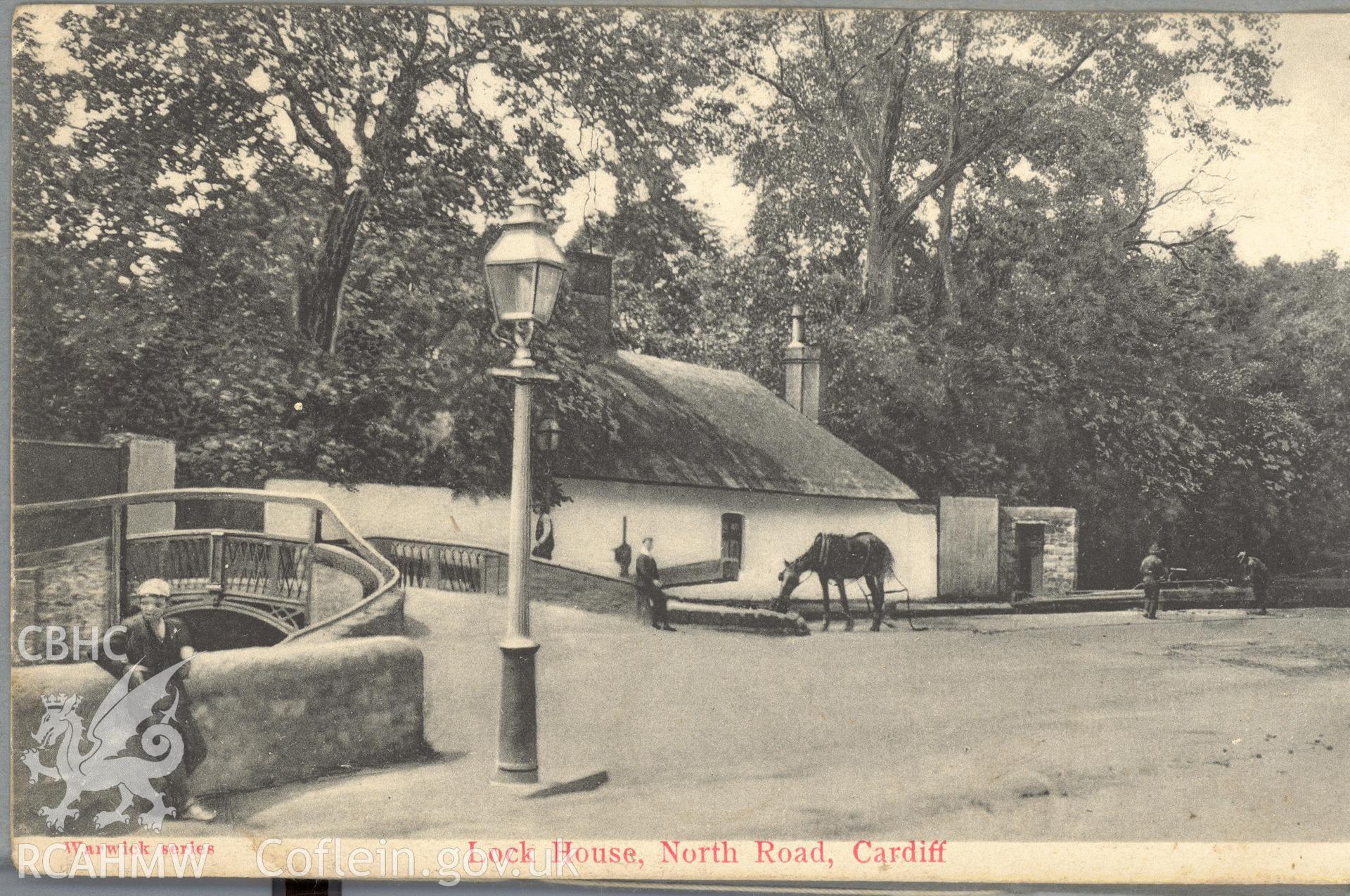 Digitised postcard image of North Road lock overbridge and lock cottage, Cardiff, J.B. and E. Rolls, Warwick library, Cardiff. Produced by Parks and Gardens Data Services, from an original item in the Peter Davis Collection at Parks and Gardens UK. We hold only web-resolution images of this collection, suitable for viewing on screen and for research purposes only. We do not hold the original images, or publication quality scans.