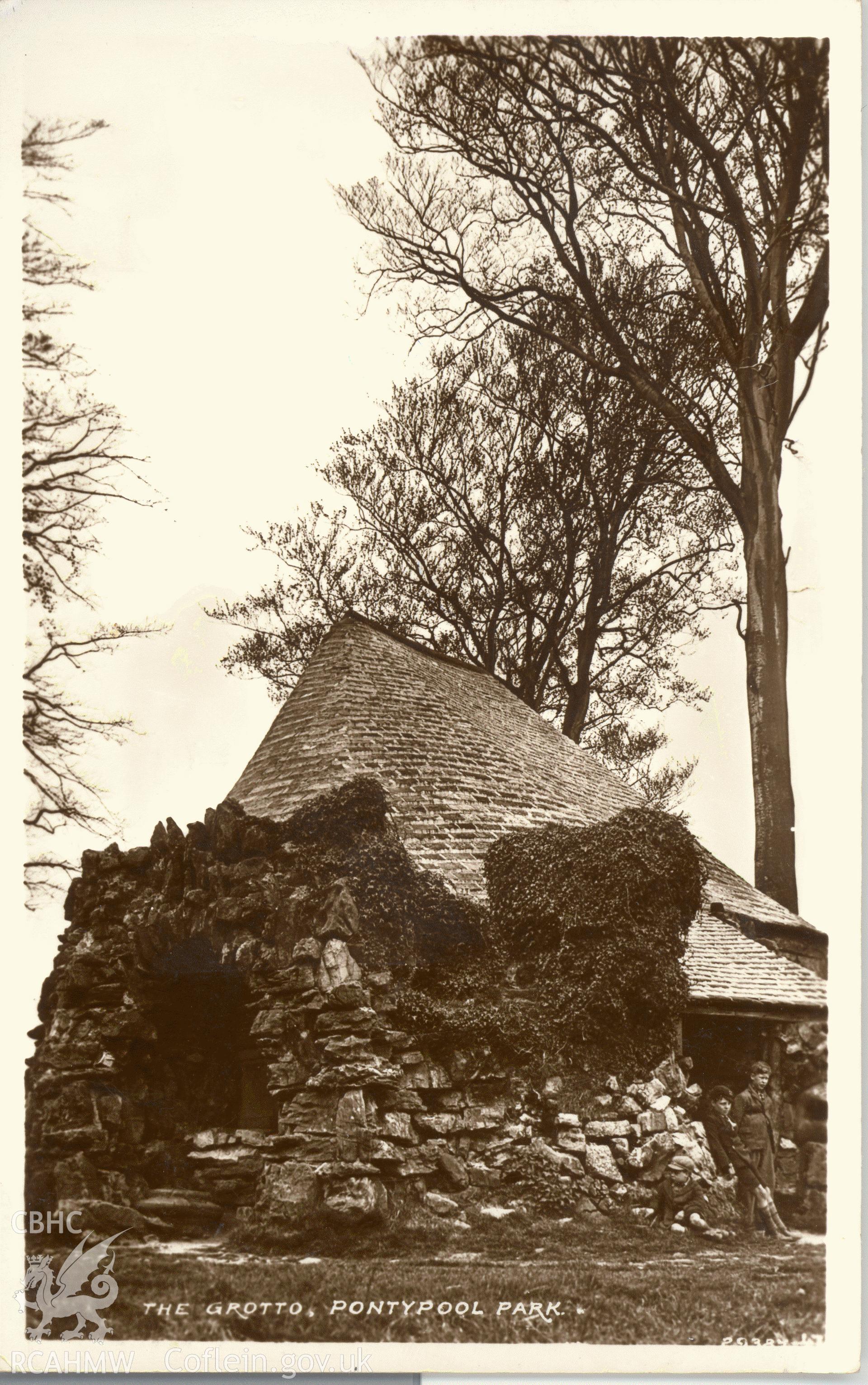 Digitised postcard image of the Shell Grotto, Pontypool Park. Produced by Parks and Gardens Data Services, from an original item in the Peter Davis Collection at Parks and Gardens UK. We hold only web-resolution images of this collection, suitable for viewing on screen and for research purposes only. We do not hold the original images, or publication quality scans.