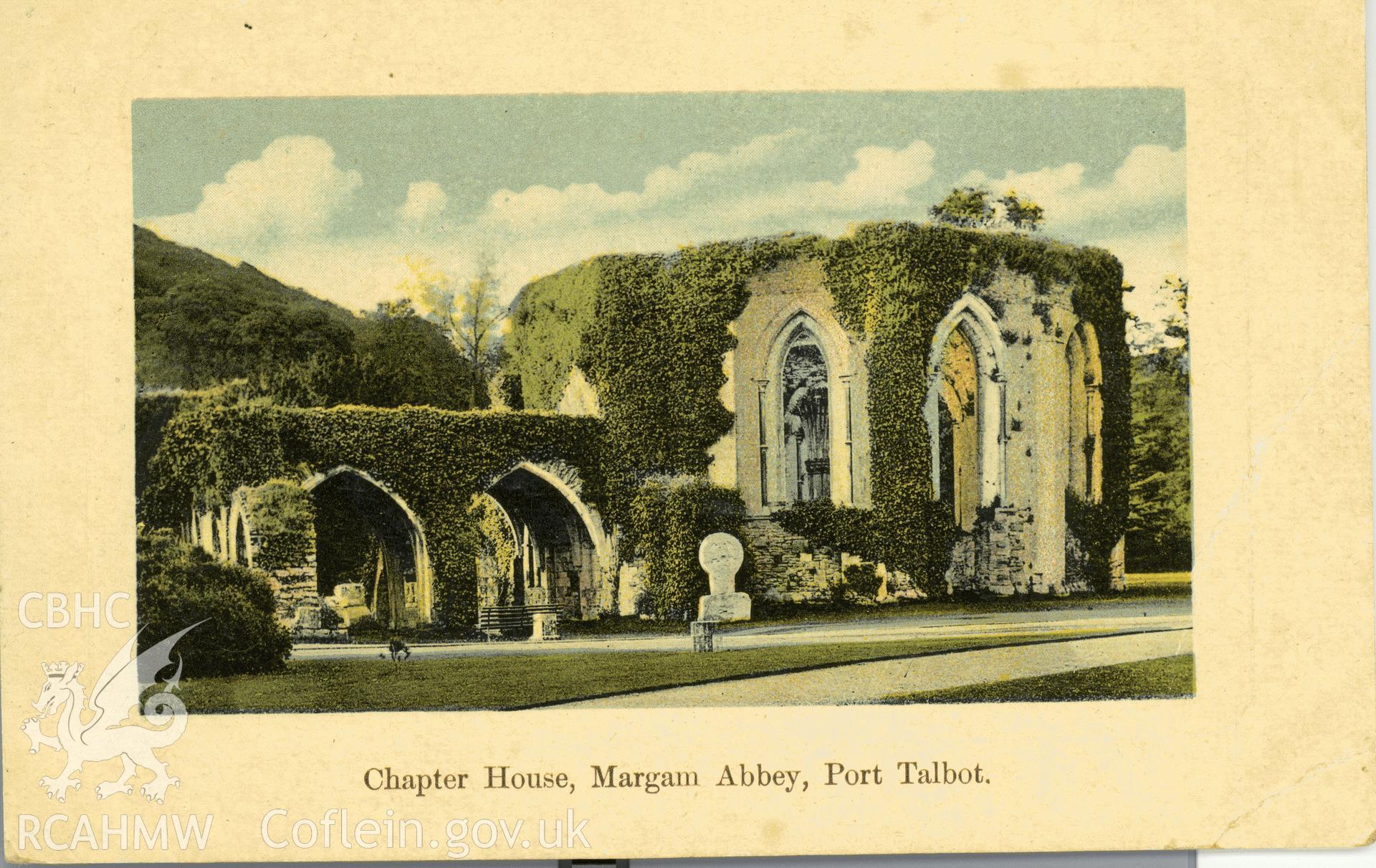 Digitised postcard image of Chapter House ruins, Margam Abbey, Aldwych series. Produced by Parks and Gardens Data Services, from an original item in the Peter Davis Collection at Parks and Gardens UK. We hold only web-resolution images of this collection, suitable for viewing on screen and for research purposes only. We do not hold the original images, or publication quality scans.