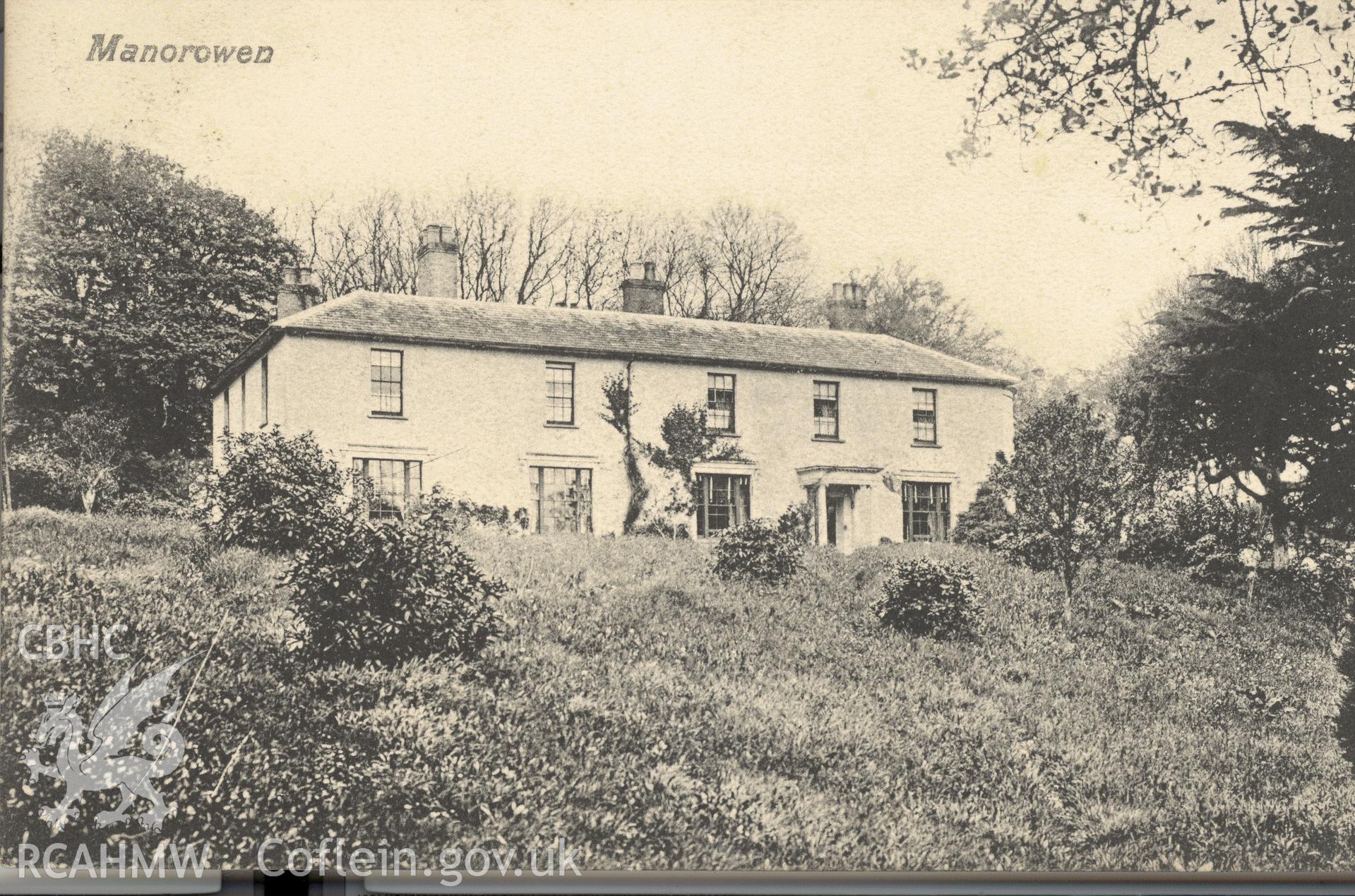 Digitised postcard image of Manorowen House, Goodwick, D.L. Llewelyn, Chemist, Goodwick. Produced by Parks and Gardens Data Services, from an original item in the Peter Davis Collection at Parks and Gardens UK. We hold only web-resolution images of this collection, suitable for viewing on screen and for research purposes only. We do not hold the original images, or publication quality scans.