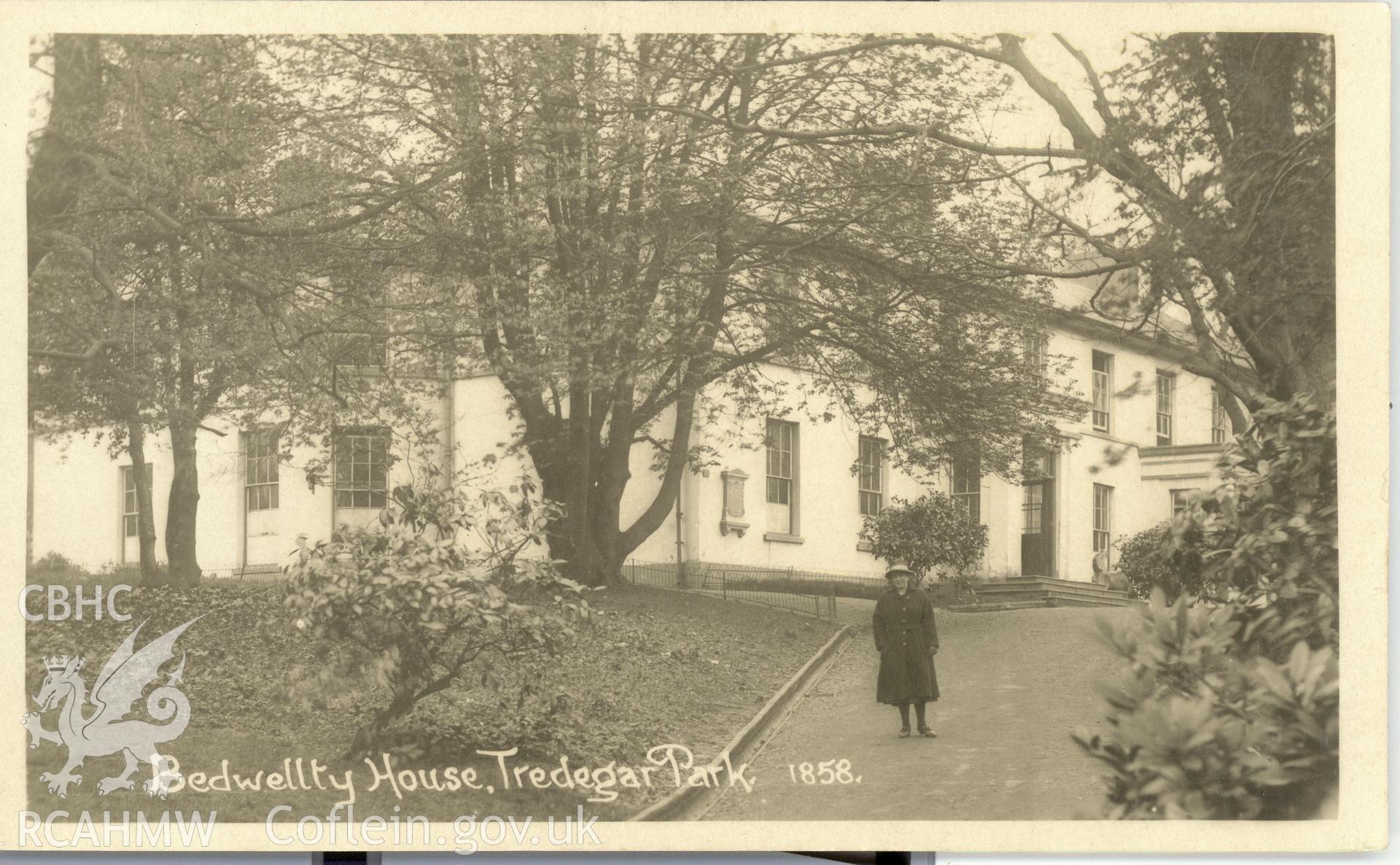 Digitised postcard image of Bedwellty House, Tredegar, including figures, Viner and Co. Produced by Parks and Gardens Data Services, from an original item in the Peter Davis Collection at Parks and Gardens UK. We hold only web-resolution images of this collection, suitable for viewing on screen and for research purposes only. We do not hold the original images, or publication quality scans.