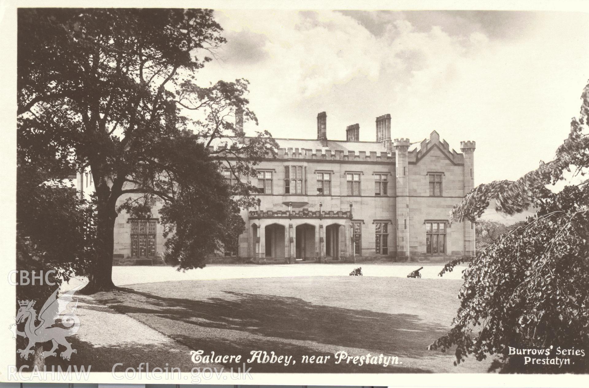 Digitised postcard image of Talacre Abbey, Burrows' series, Prestatyn. J.T. Burrows and Sons. Produced by Parks and Gardens Data Services, from an original item in the Peter Davis Collection at Parks and Gardens UK. We hold only web-resolution images of this collection, suitable for viewing on screen and for research purposes only. We do not hold the original images, or publication quality scans.