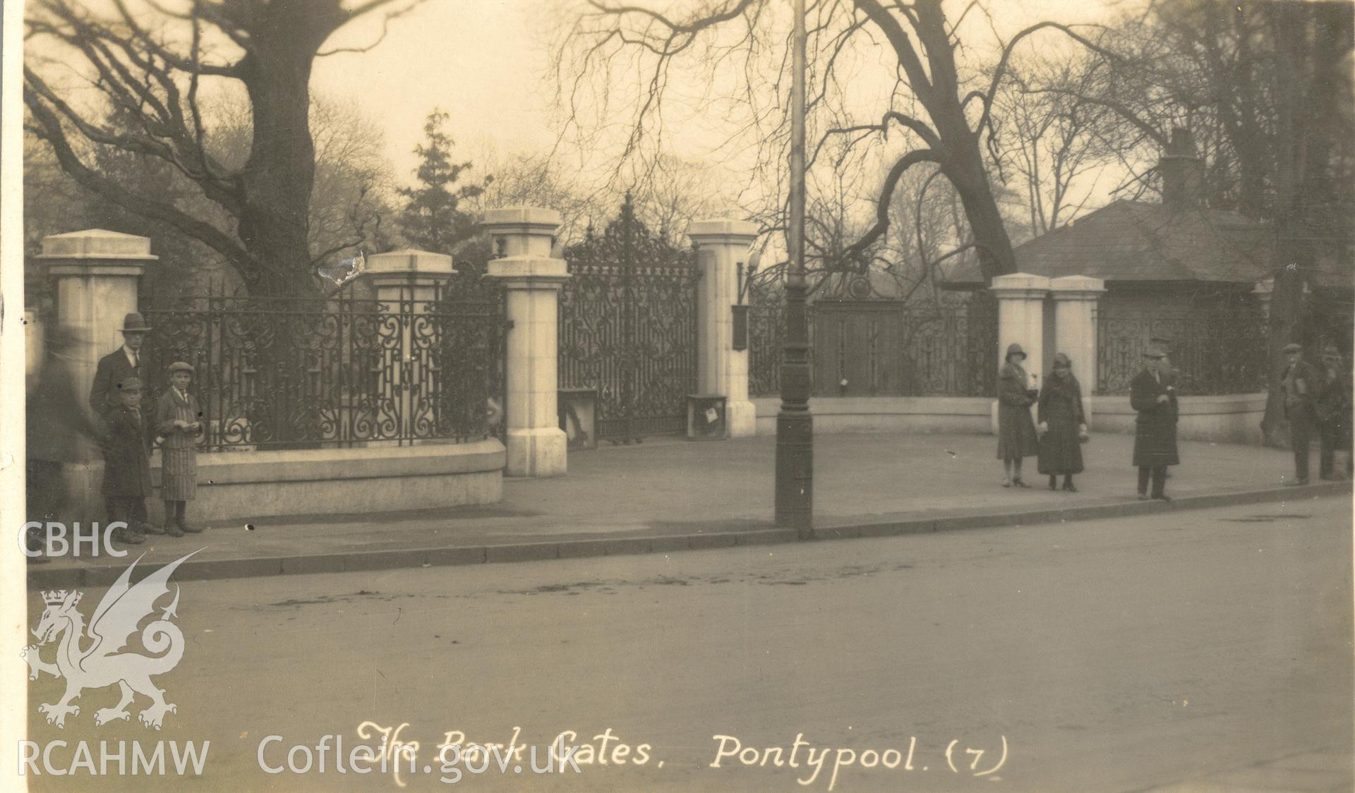 Digitised postcard image of memorial gates to the Italian Garden, Pontypool Park. Produced by Parks and Gardens Data Services, from an original item in the Peter Davis Collection at Parks and Gardens UK. We hold only web-resolution images of this collection, suitable for viewing on screen and for research purposes only. We do not hold the original images, or publication quality scans.