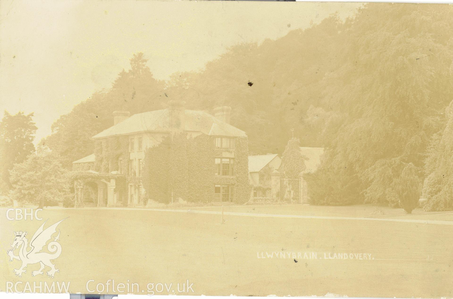 Digitised postcard image of Llwynybrain, Llanwrda. Produced by Parks and Gardens Data Services, from an original item in the Peter Davis Collection at Parks and Gardens UK. We hold only web-resolution images of this collection, suitable for viewing on screen and for research purposes only. We do not hold the original images, or publication quality scans.