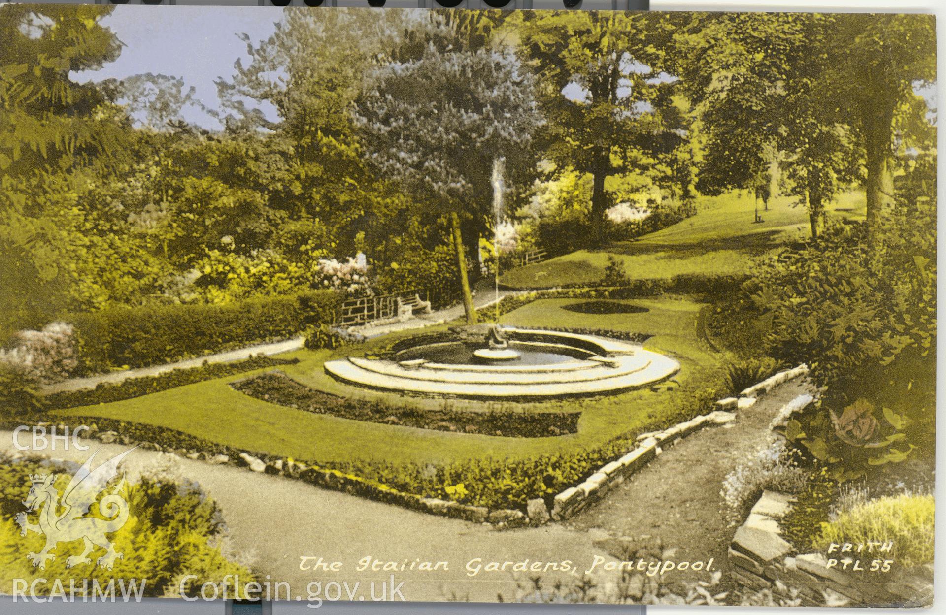 Digitised postcard image of the Italian gardens, Pontypool Park, Frith's Series. Produced by Parks and Gardens Data Services, from an original item in the Peter Davis Collection at Parks and Gardens UK. We hold only web-resolution images of this collection, suitable for viewing on screen and for research purposes only. We do not hold the original images, or publication quality scans.