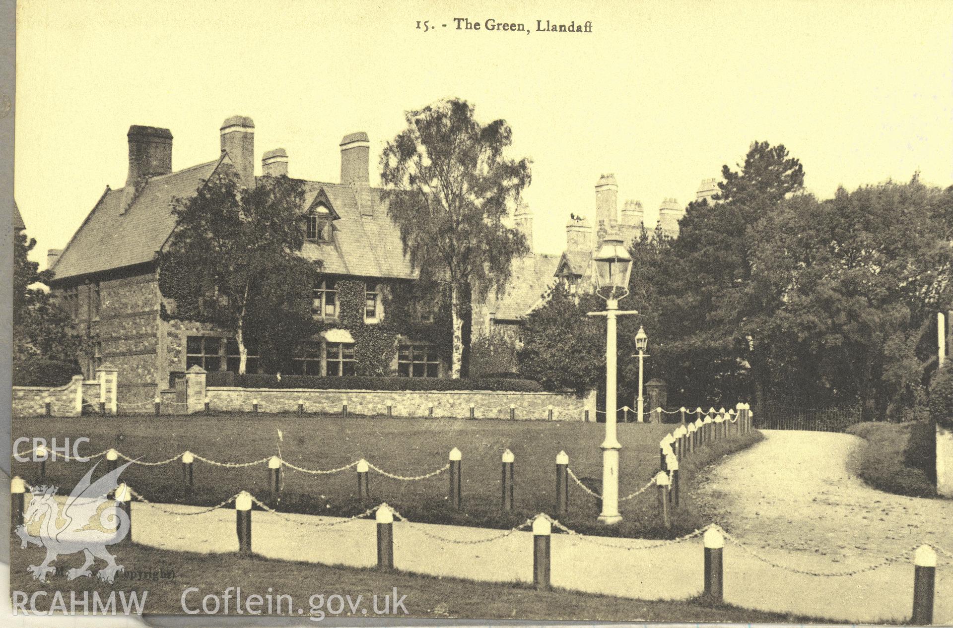 Digitised postcard image of The Cathedral Green, Llandaff, A.M. Lewis. Produced by Parks and Gardens Data Services, from an original item in the Peter Davis Collection at Parks and Gardens UK. We hold only web-resolution images of this collection, suitable for viewing on screen and for research purposes only. We do not hold the original images, or publication quality scans.