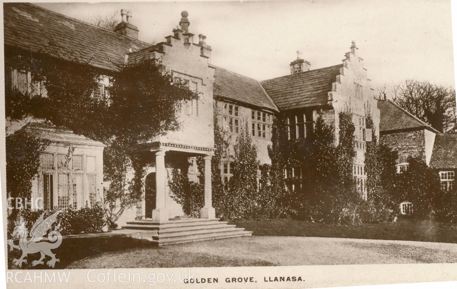 Digitised postcard image of Golden Grove, Llanasa. Produced by Parks and Gardens Data Services, from an original item in the Peter Davis Collection at Parks and Gardens UK. We hold only web-resolution images of this collection, suitable for viewing on screen and for research purposes only. We do not hold the original images, or publication quality scans.