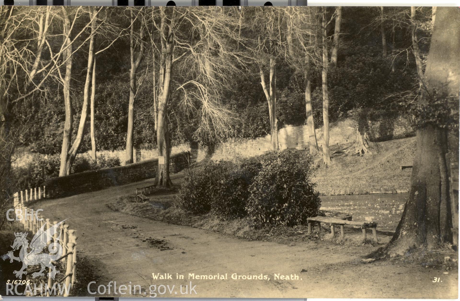 Digitised postcard image of Gnoll House garden, Neath, showing Memorial Gardens, Derwent Real Photo Series. Produced by Parks and Gardens Data Services, from an original item in the Peter Davis Collection at Parks and Gardens UK. We hold only web-resolution images of this collection, suitable for viewing on screen and for research purposes only. We do not hold the original images, or publication quality scans.