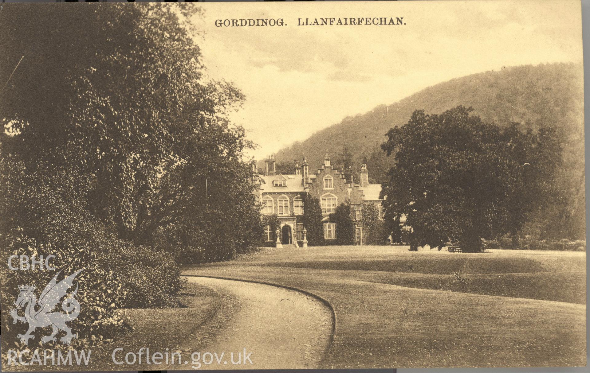 Digitised postcard image of Gorddinog, Llanfairfechan. Produced by Parks and Gardens Data Services, from an original item in the Peter Davis Collection at Parks and Gardens UK. We hold only web-resolution images of this collection, suitable for viewing on screen and for research purposes only. We do not hold the original images, or publication quality scans.