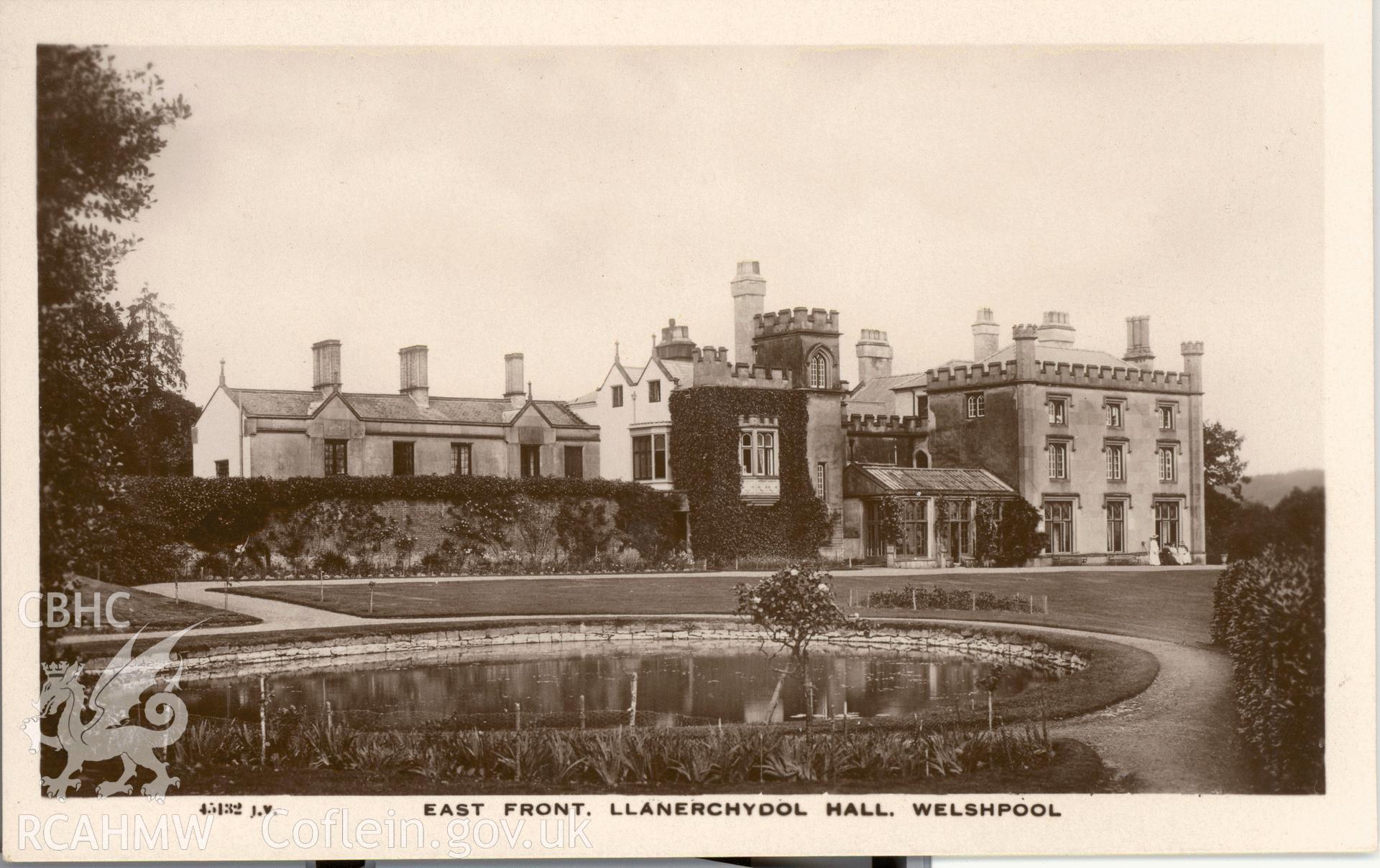 Digitised postcard image of Llanerchydol Hall, Welshpool, with pond, Valentines Series. Produced by Parks and Gardens Data Services, from an original item in the Peter Davis Collection at Parks and Gardens UK. We hold only web-resolution images of this collection, suitable for viewing on screen and for research purposes only. We do not hold the original images, or publication quality scans.